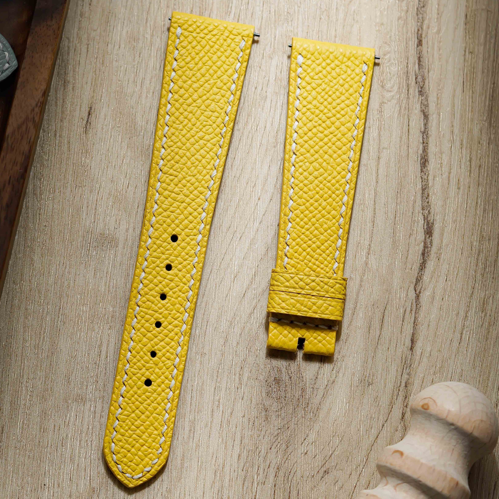 Hand made epsom leather strap in Jaune de Naples