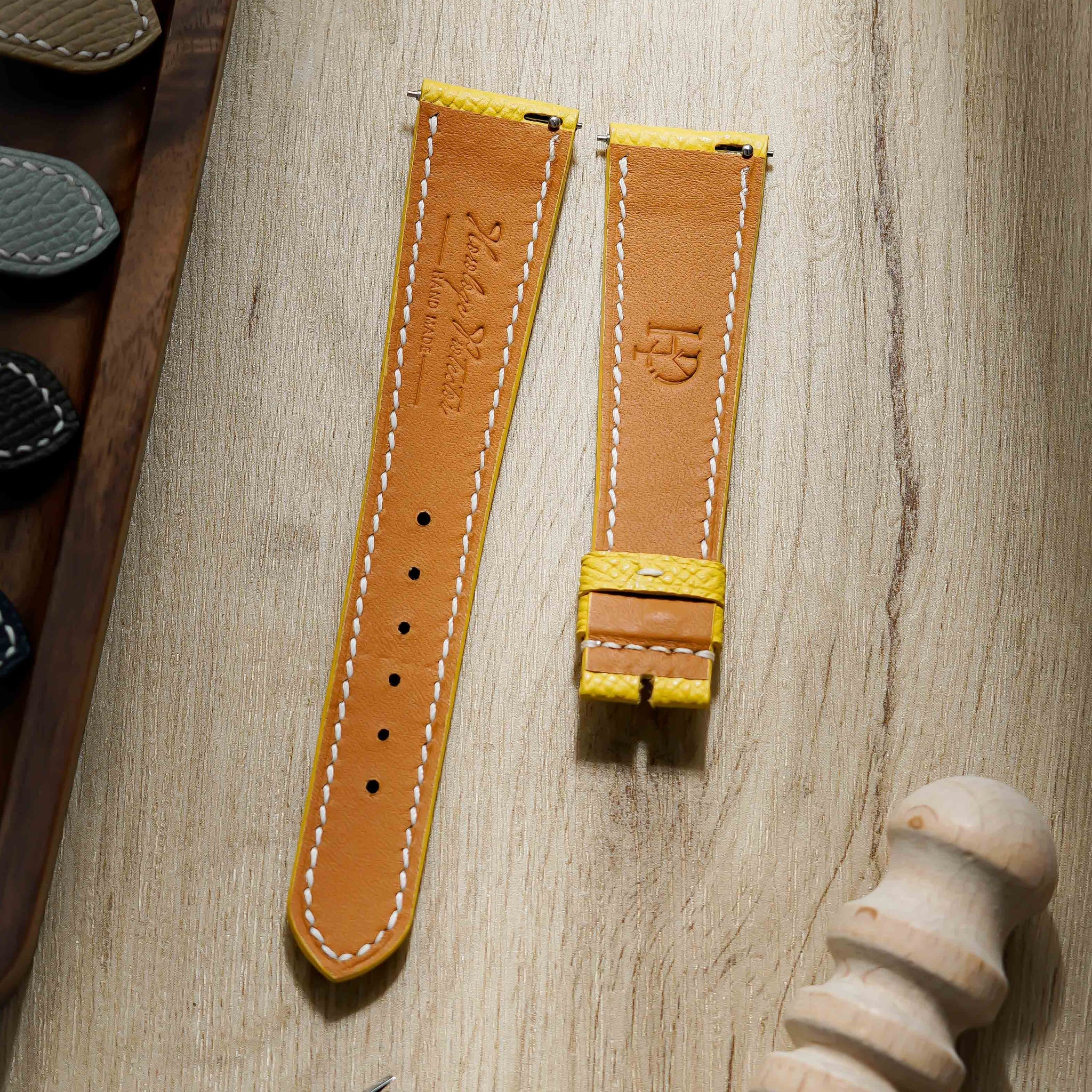 Hand made epsom leather strap in Jaune de Naples