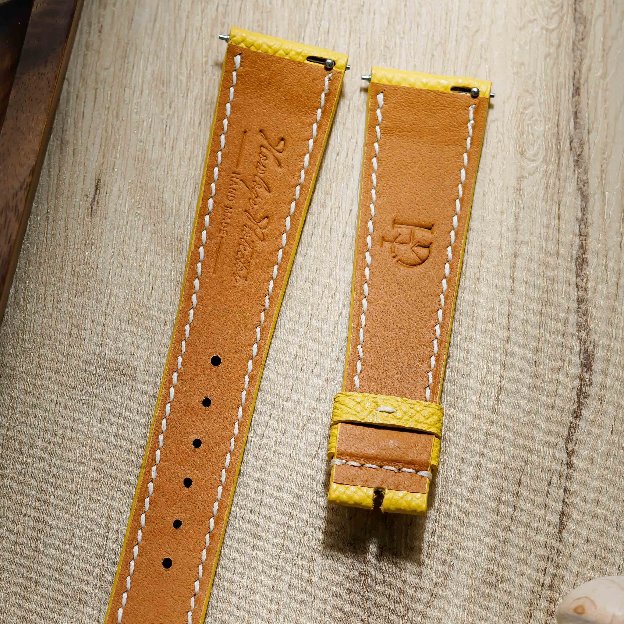 Hand made epsom leather strap in Jaune de Naples