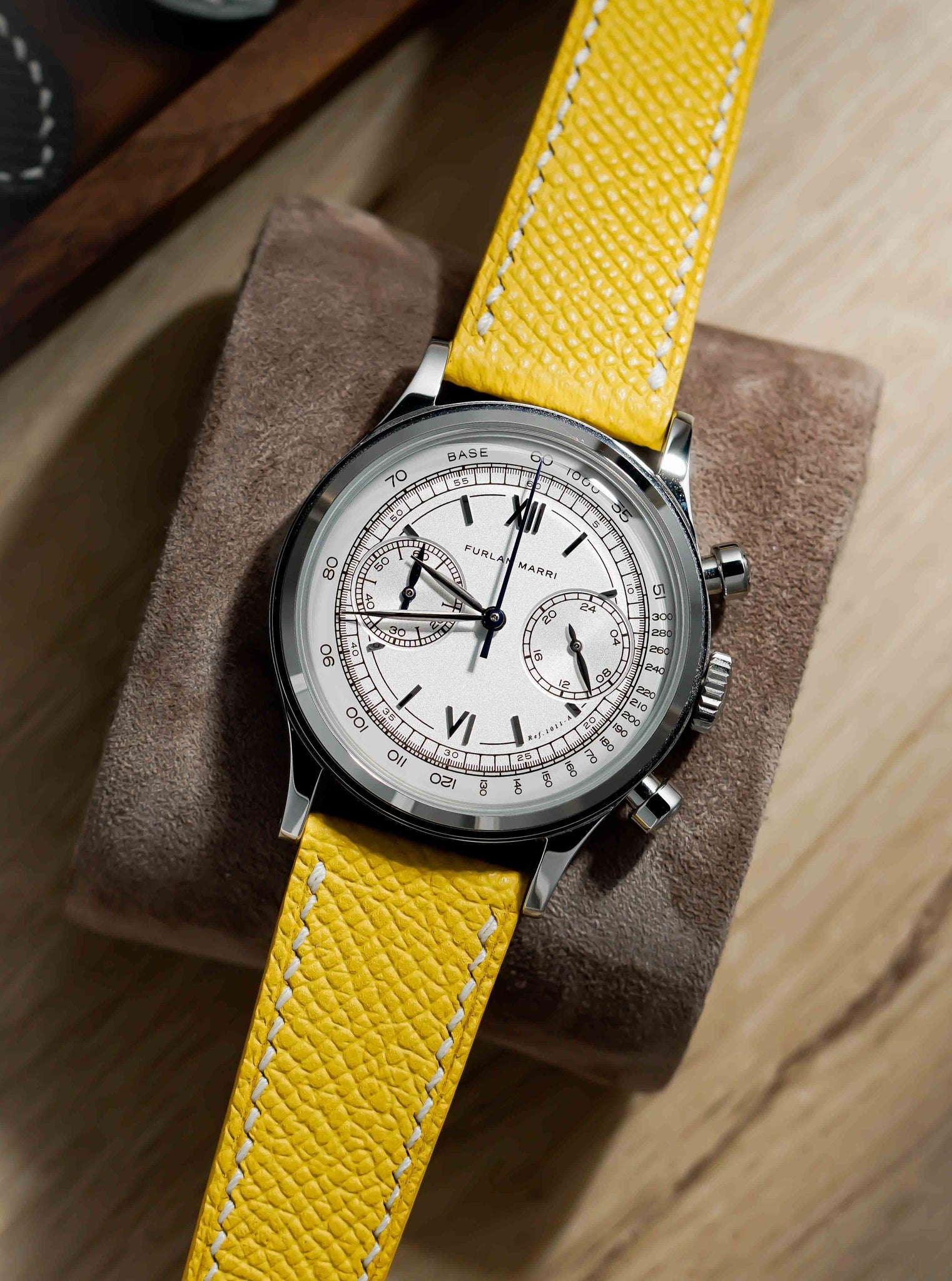 Hand made epsom leather strap in Jaune de Naples