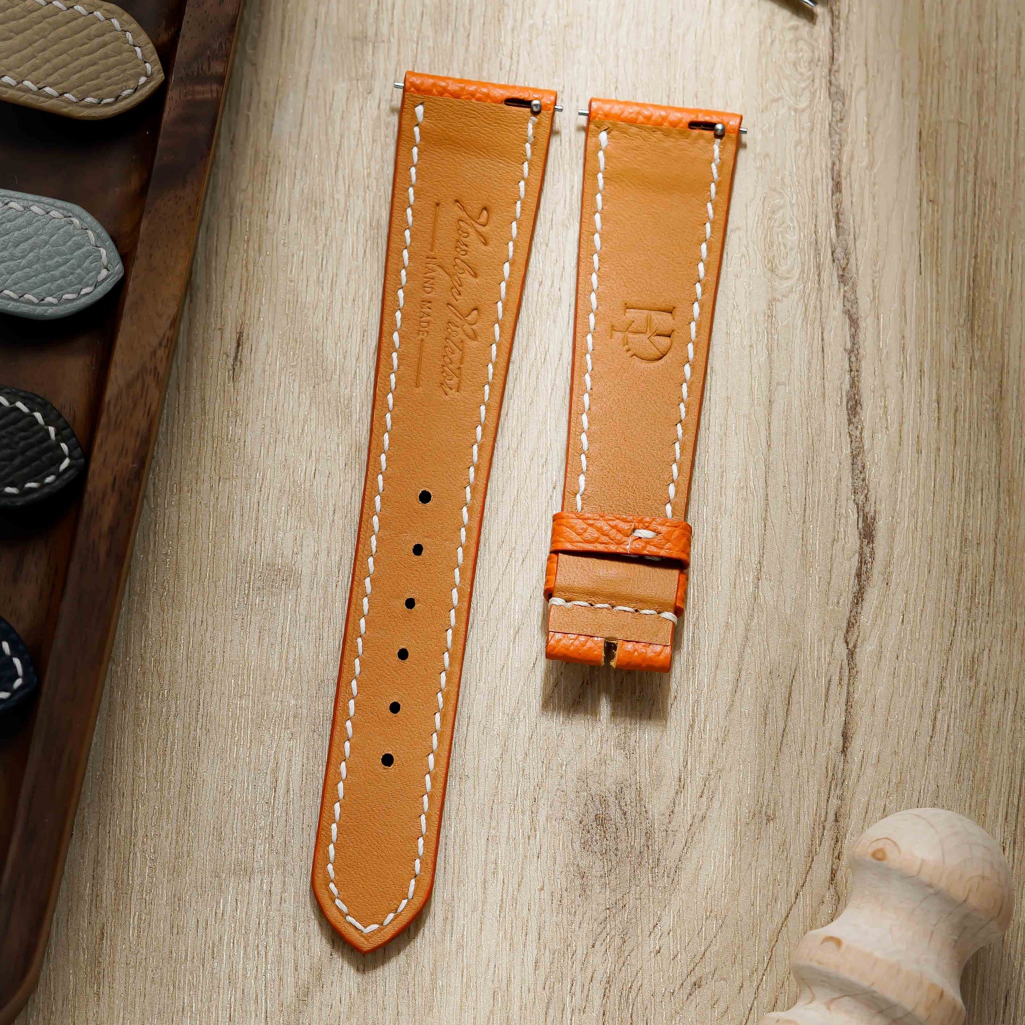 Hand made epsom leather strap in Orange