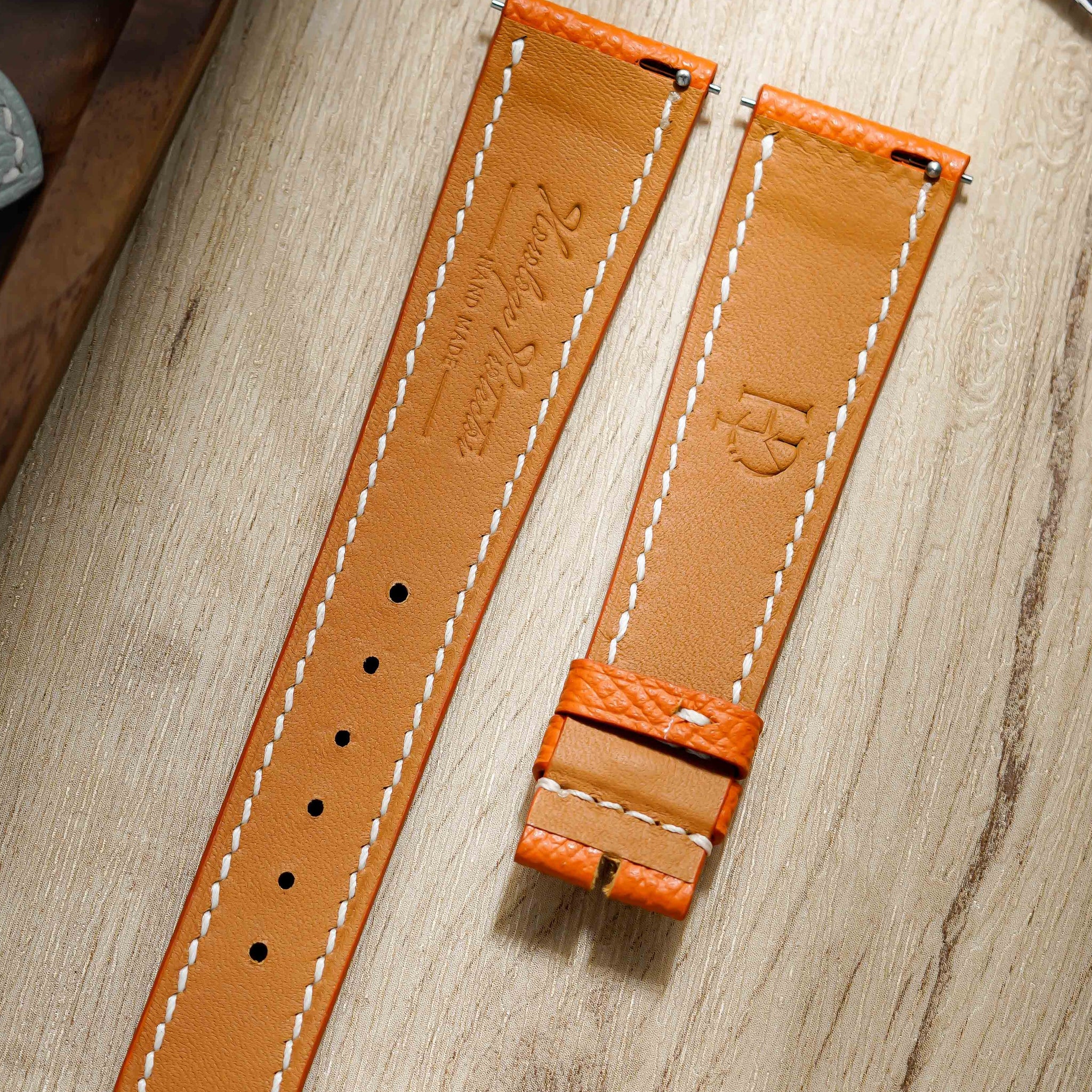 Hand made epsom leather strap in Orange