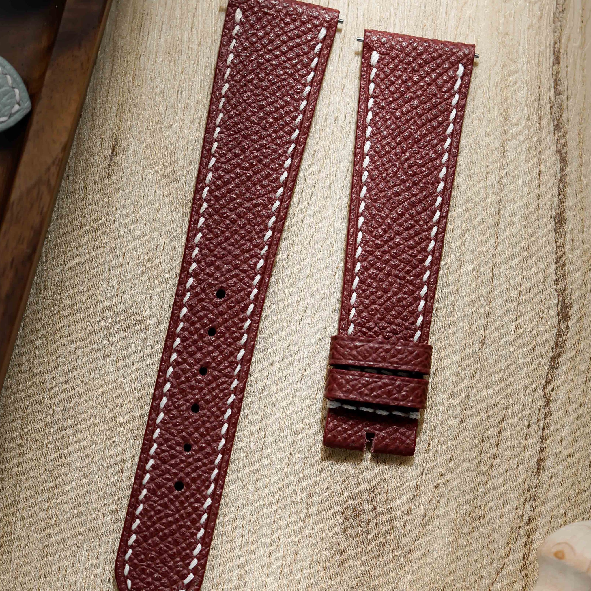 Hand made epsom leather strap in Rouge