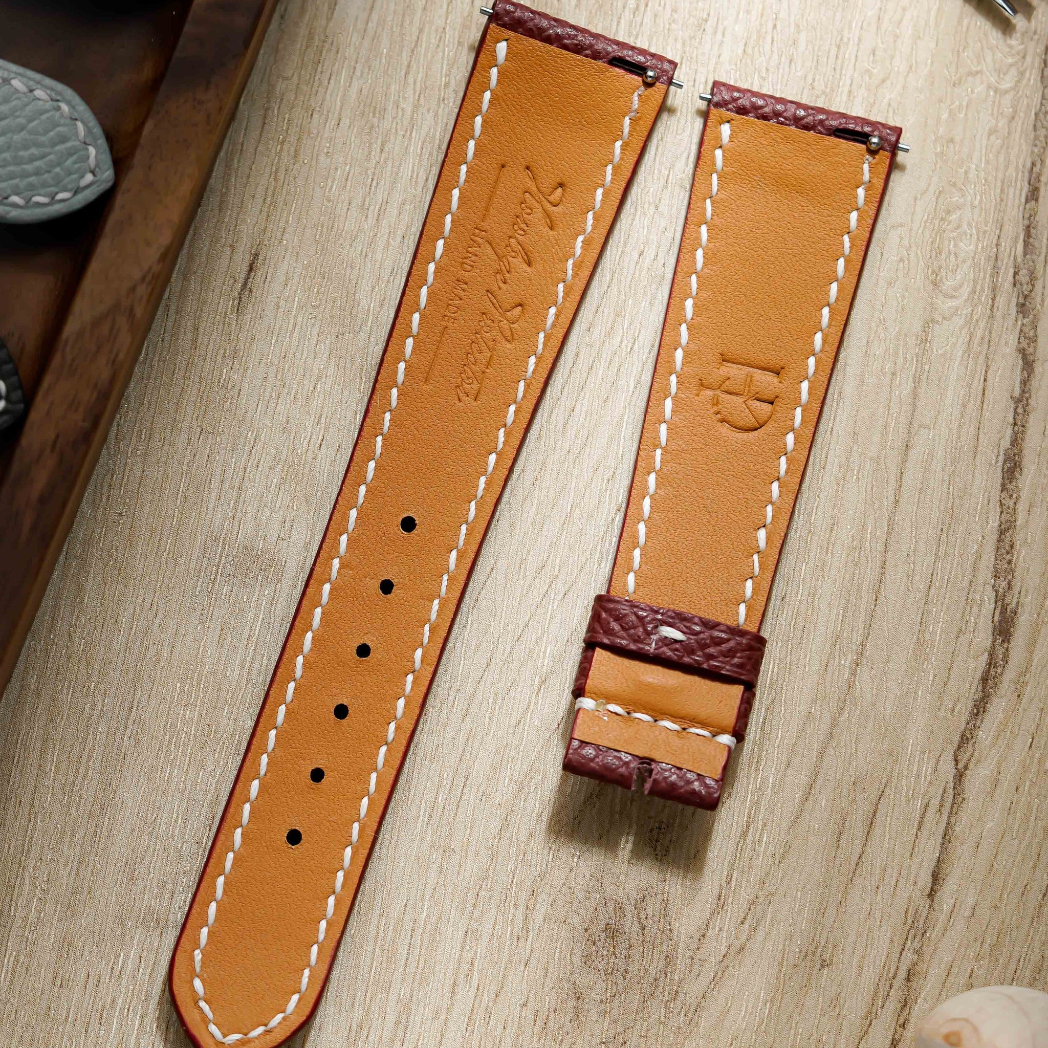 Hand made epsom leather strap in Rouge