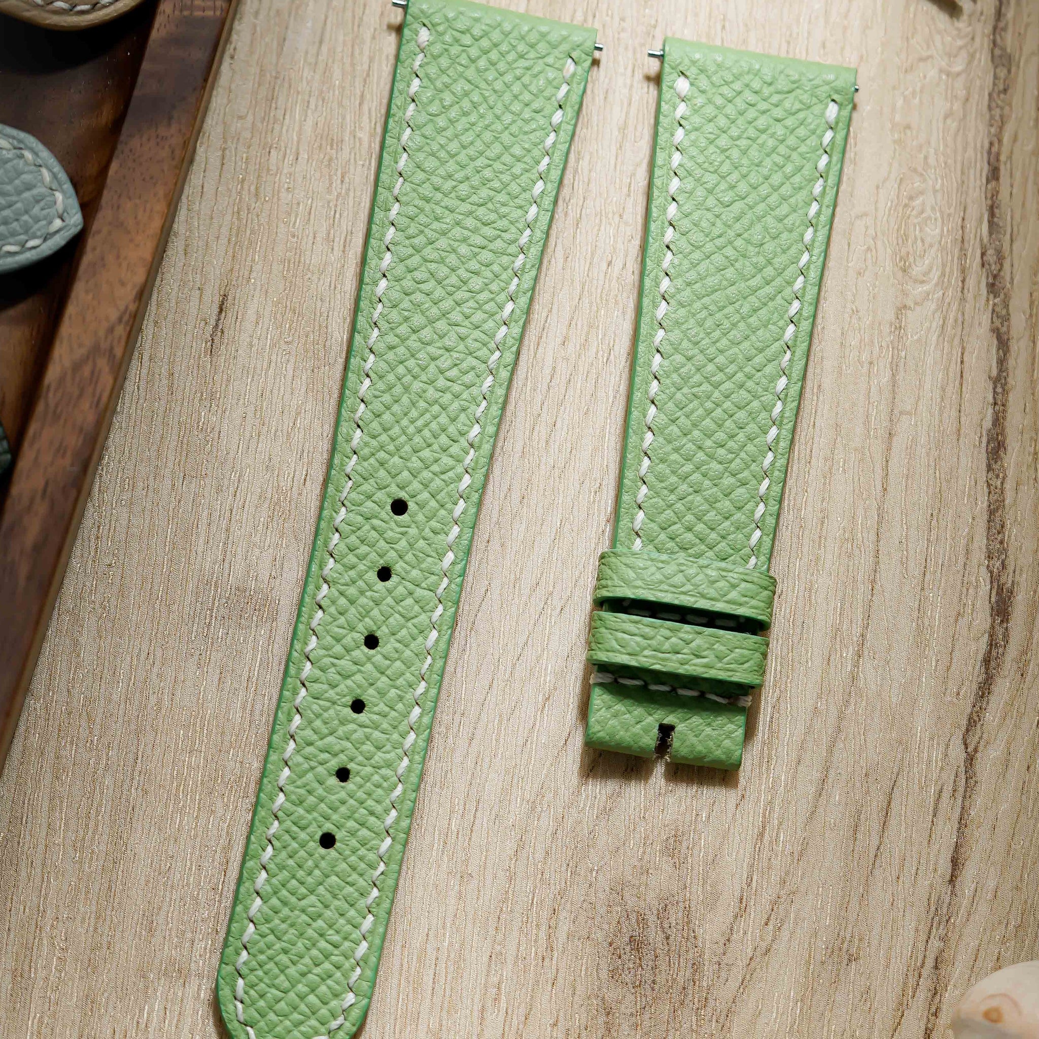 Hand made epsom leather strap in Vert Criquet