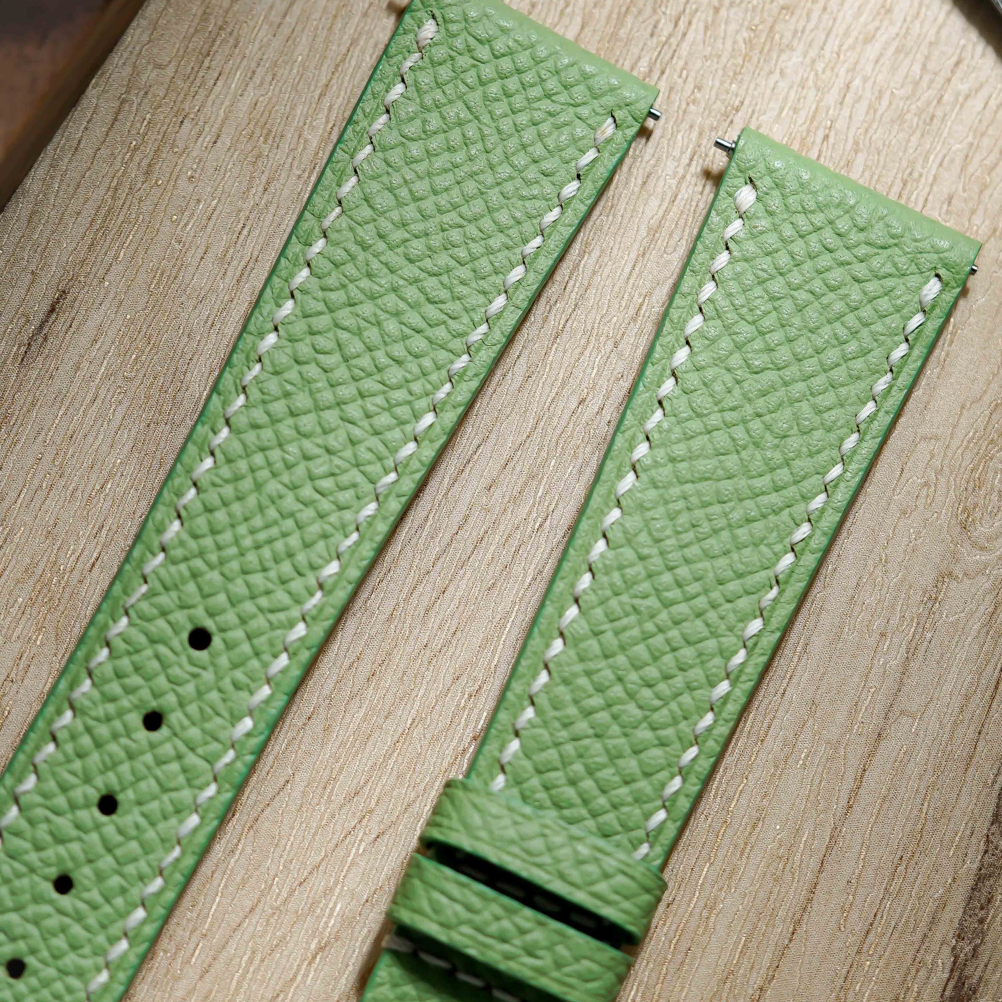 Hand made epsom leather strap in Vert Criquet