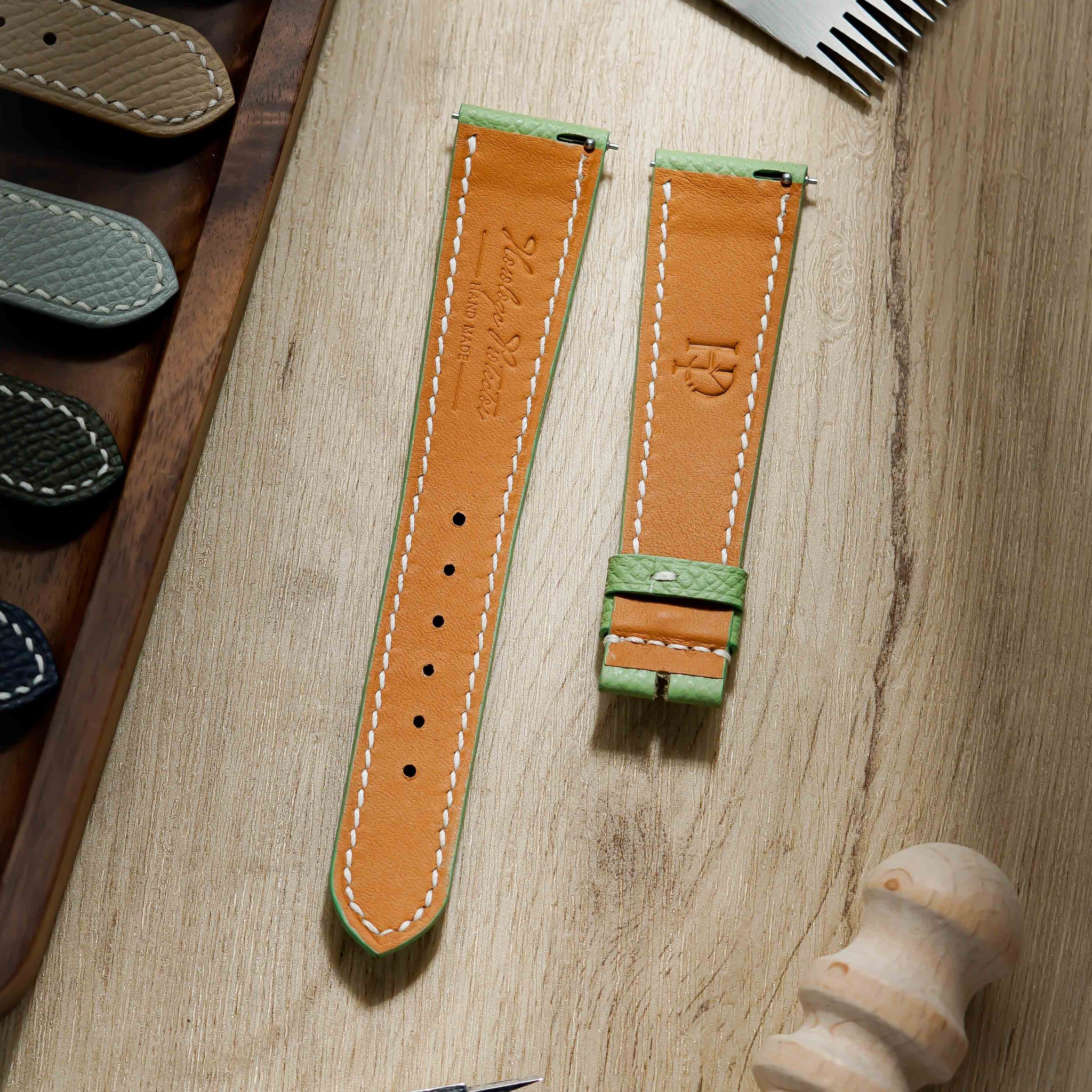 Hand made epsom leather strap in Vert Criquet