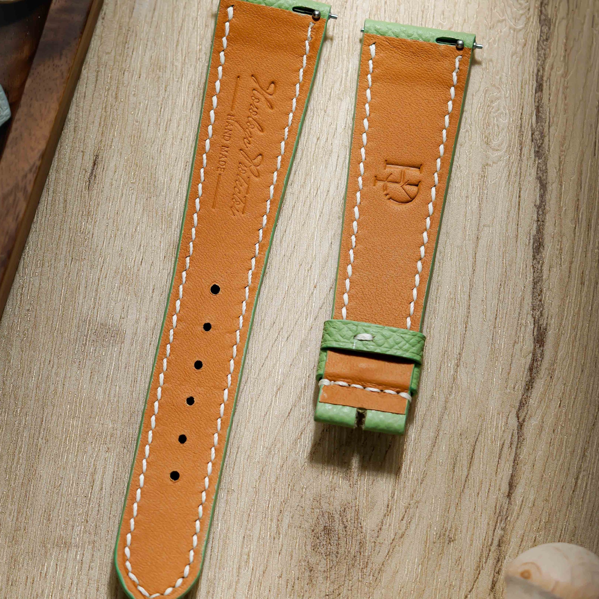 Hand made epsom leather strap in Vert Criquet