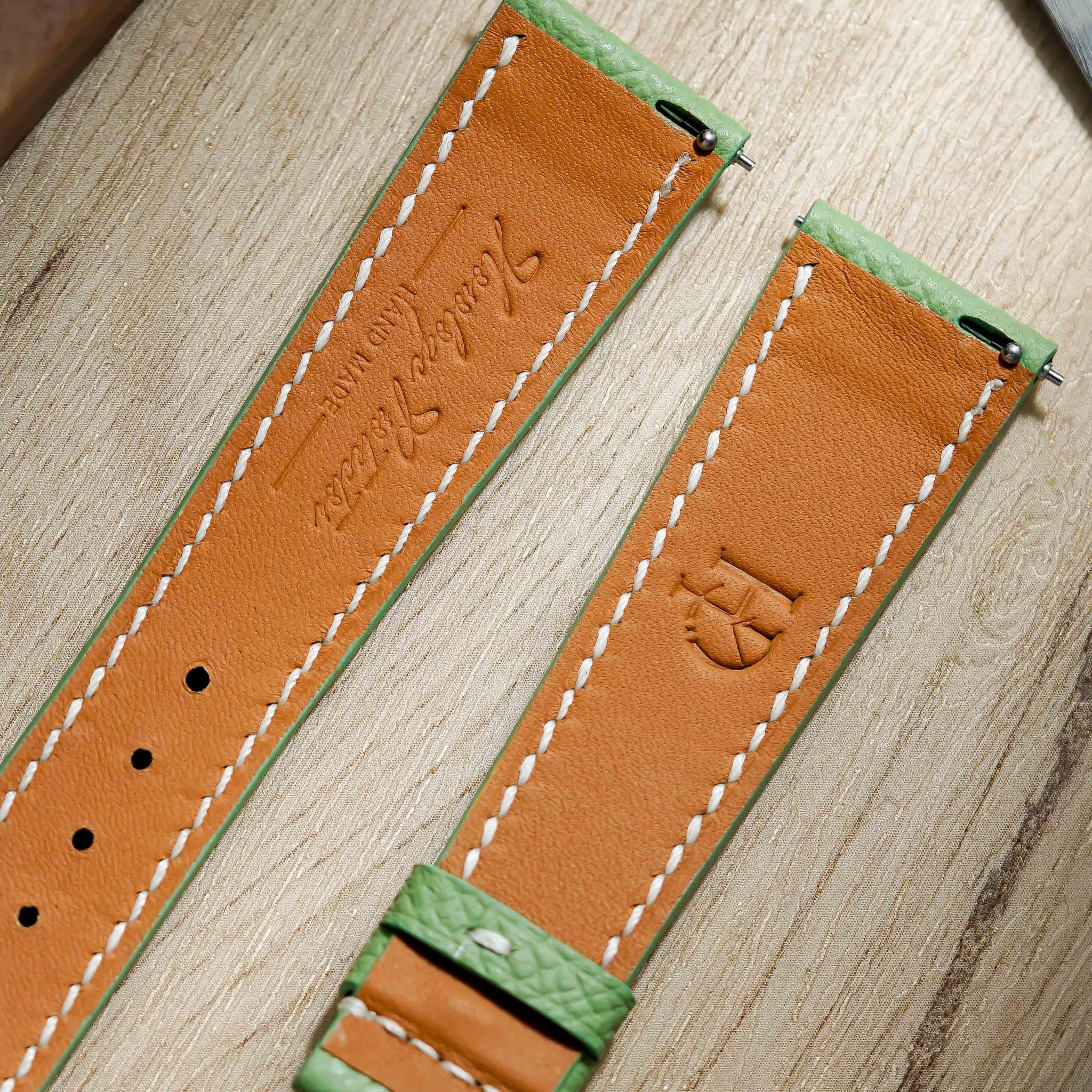 Hand made epsom leather strap in Vert Criquet