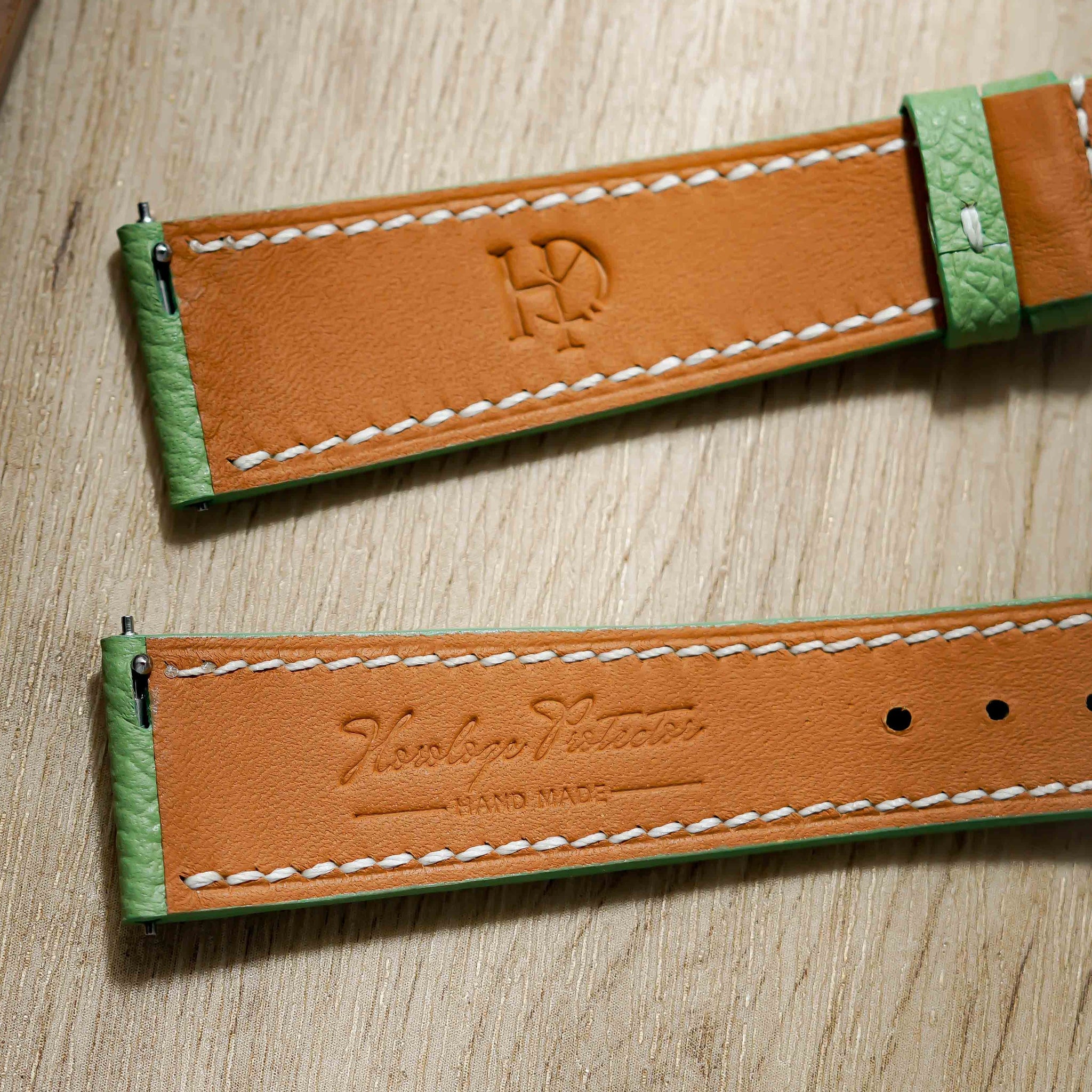 Hand made epsom leather strap in Vert Criquet