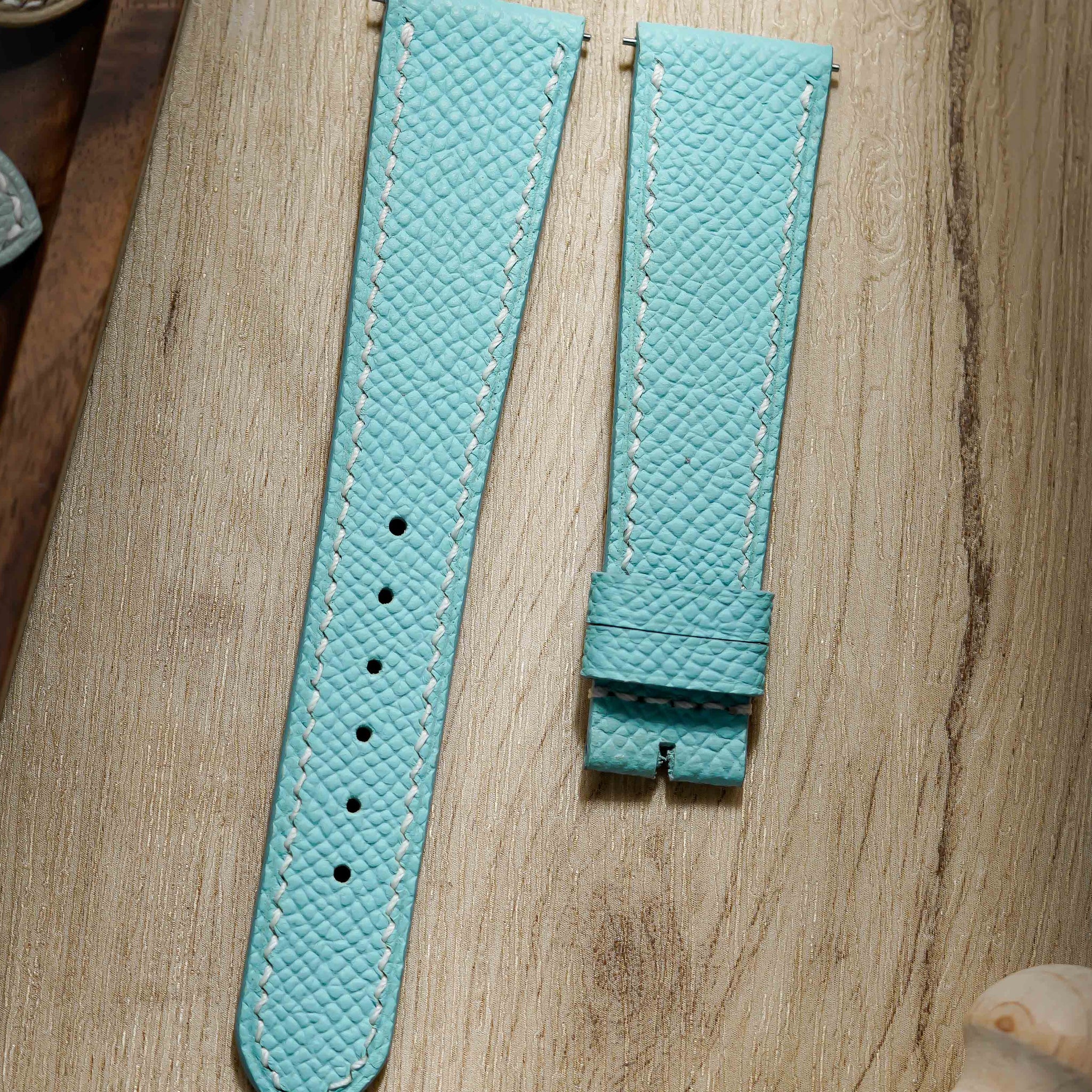 Hand made epsom leather strap in Bleu Atoll