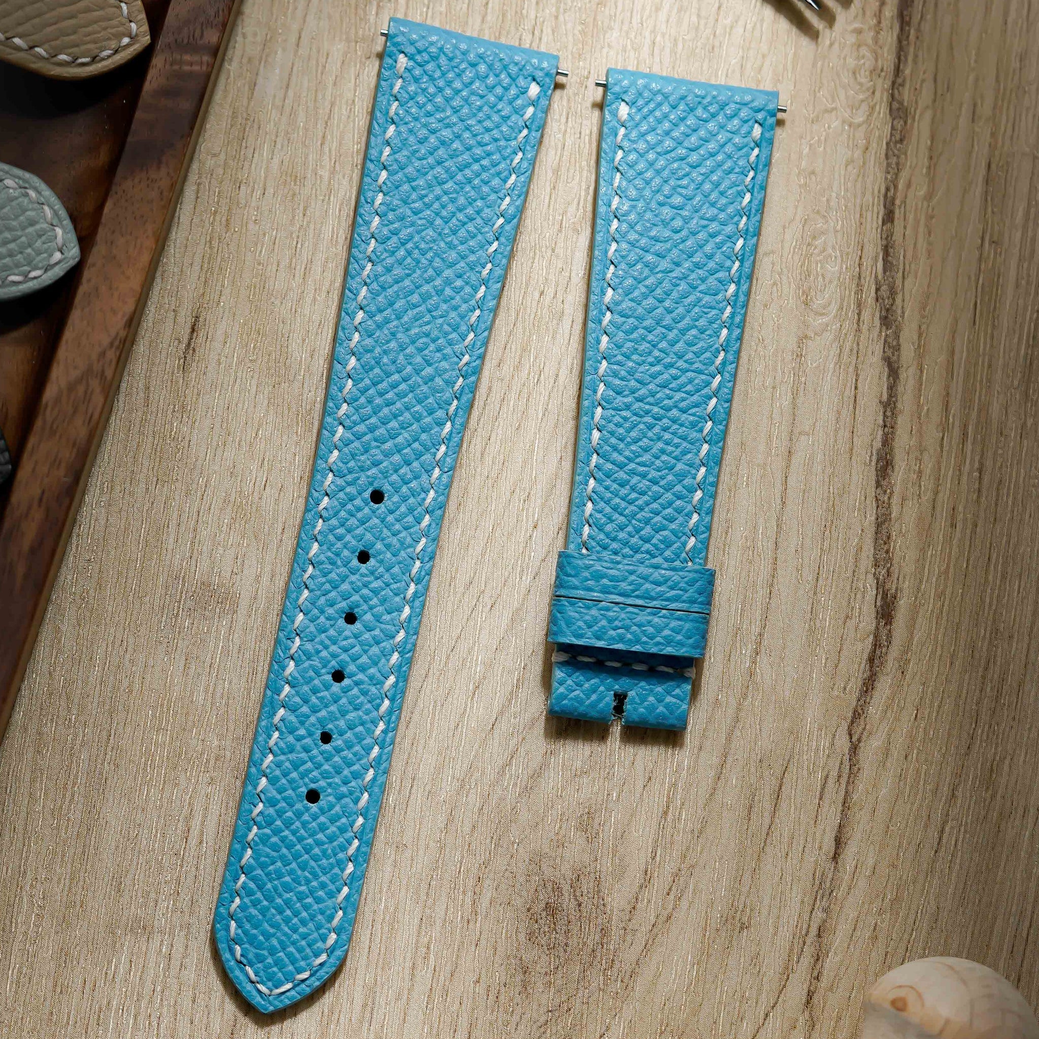 Hand made epsom leather strap in Bleu de Nord