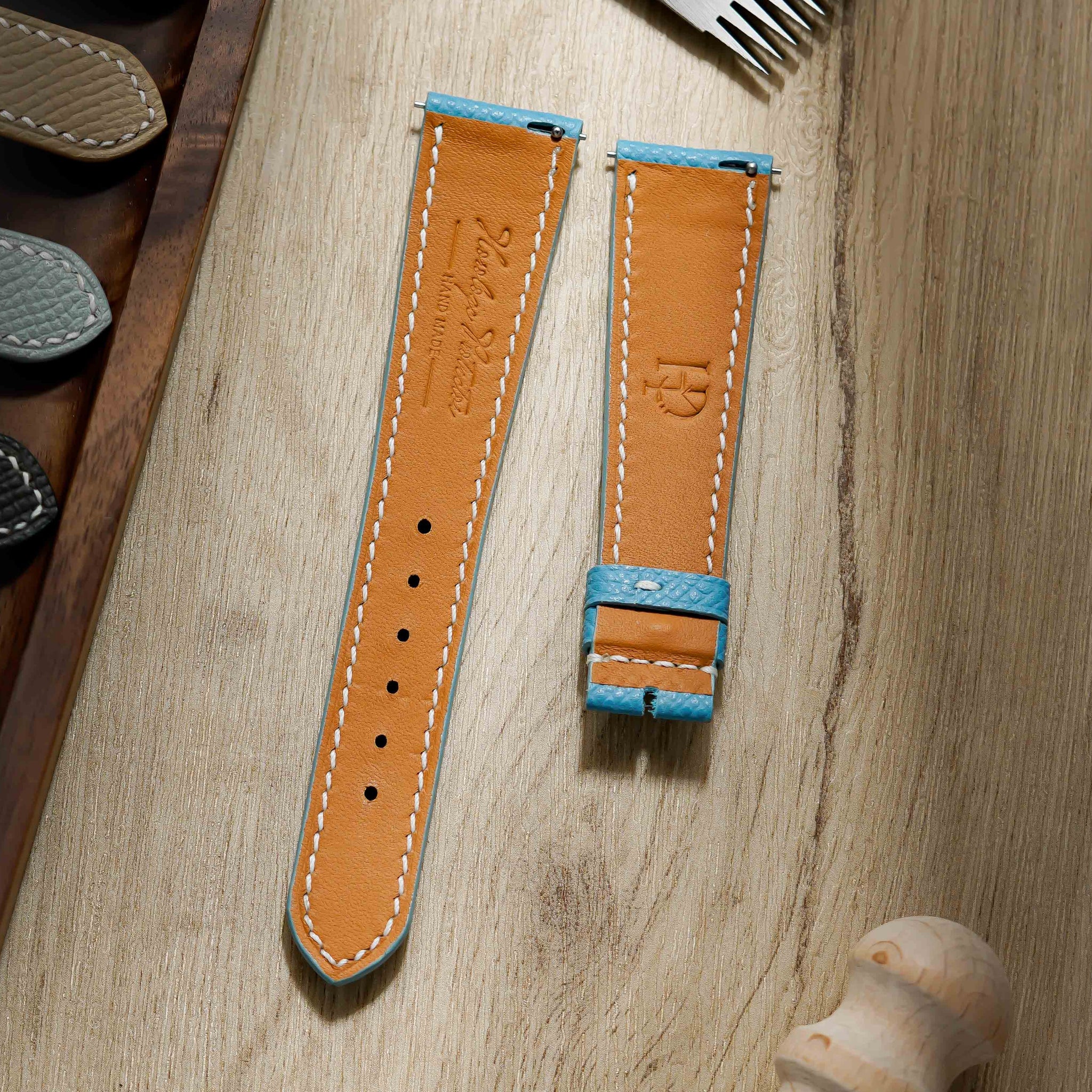 Hand made epsom leather strap in Bleu de Nord