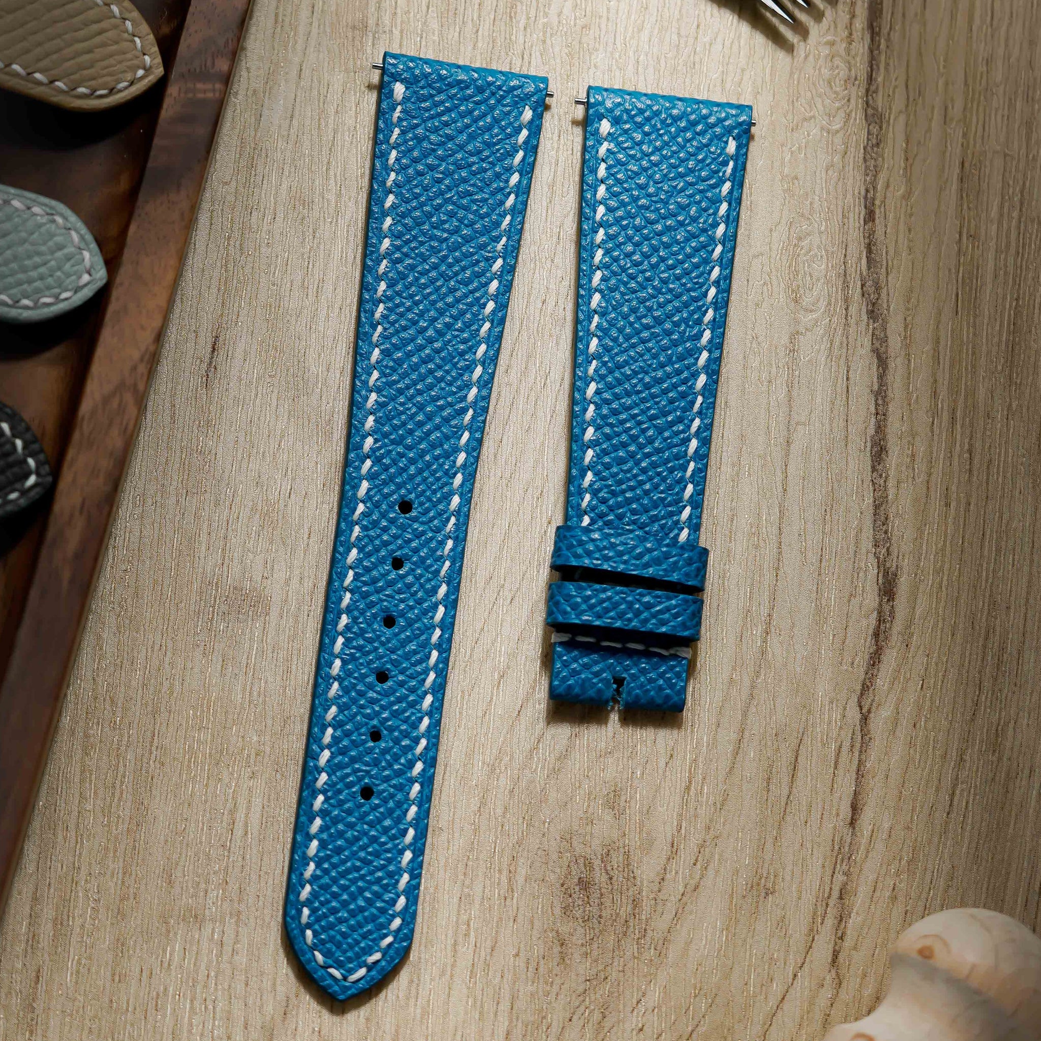 Hand made epsom leather strap in Bleu Izmir