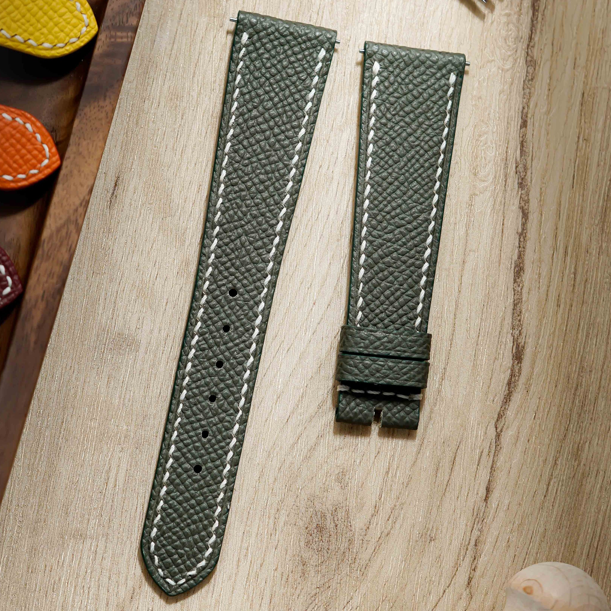 Hand made epsom leather strap in Vert Maquis