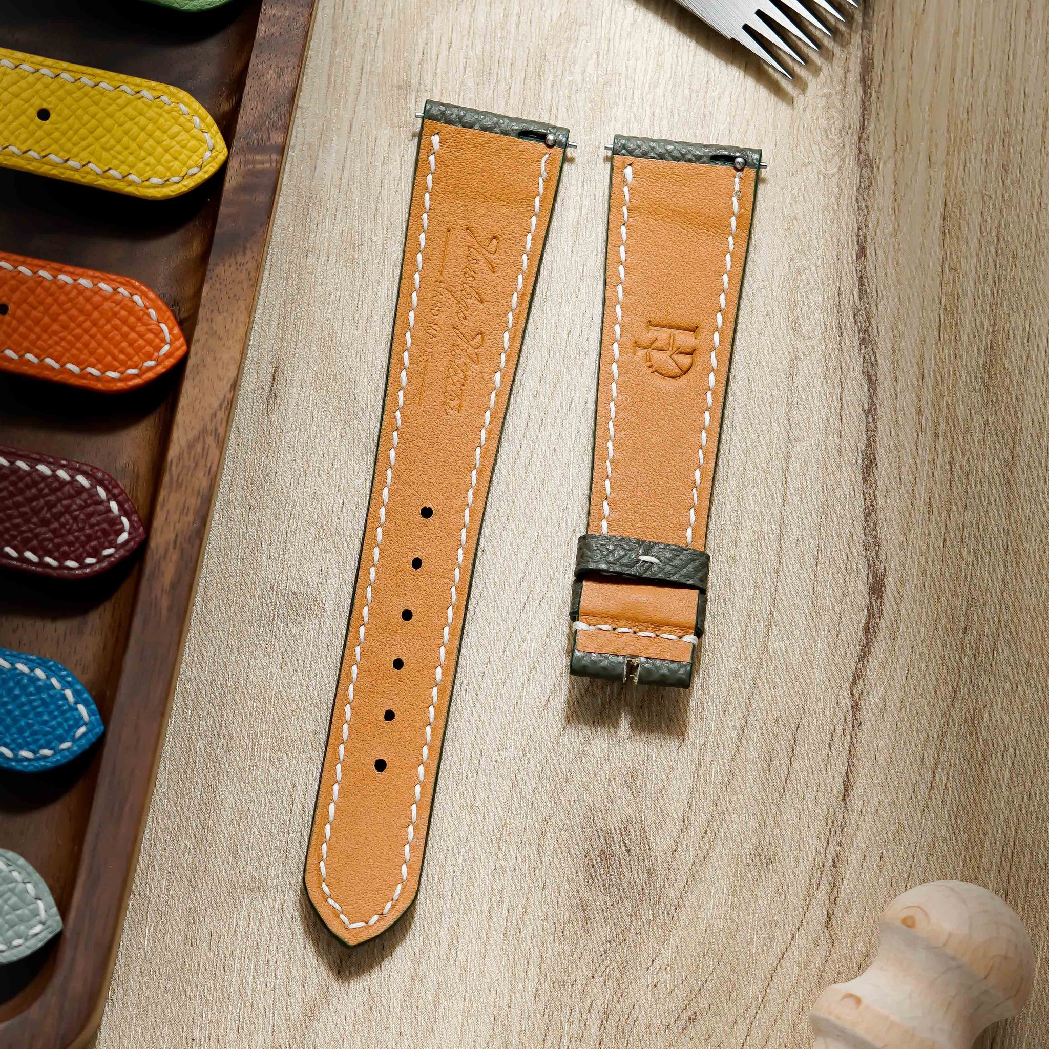 Hand made epsom leather strap in Vert Maquis