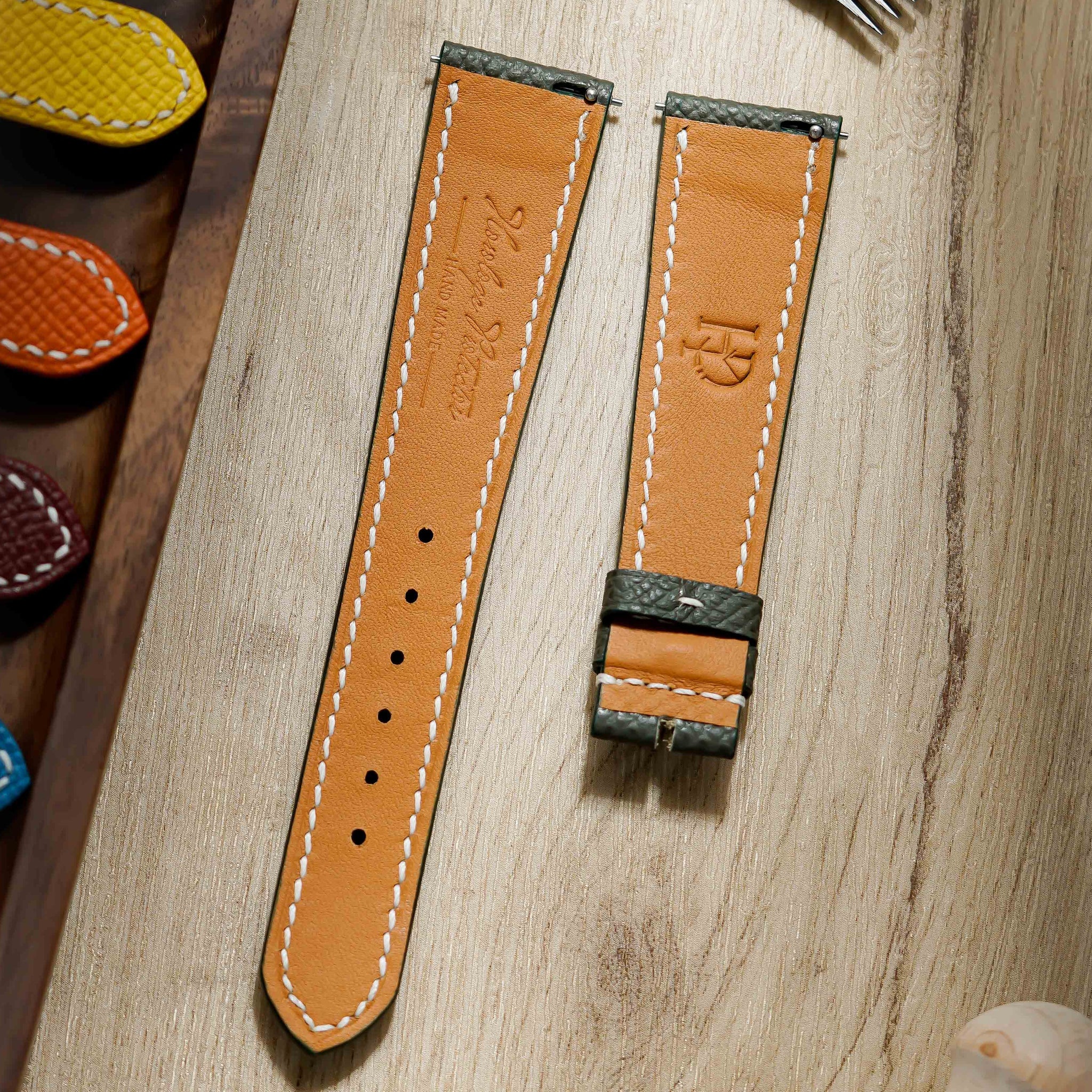 Hand made epsom leather strap in Vert Maquis