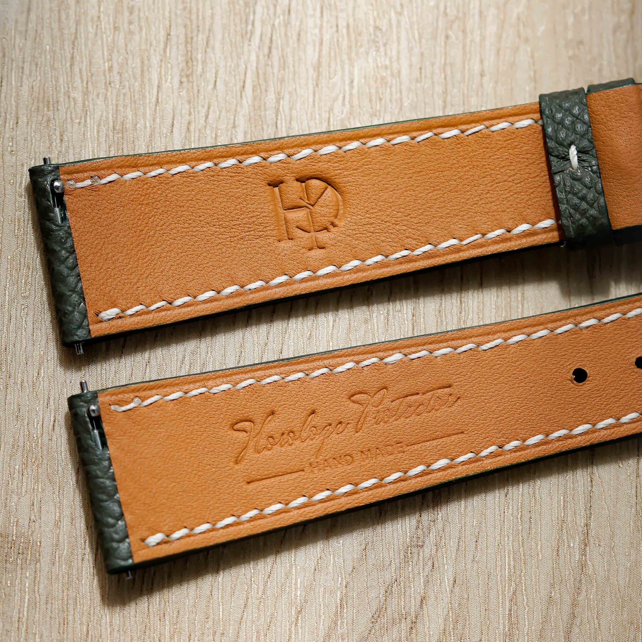 Hand made epsom leather strap in Vert Maquis