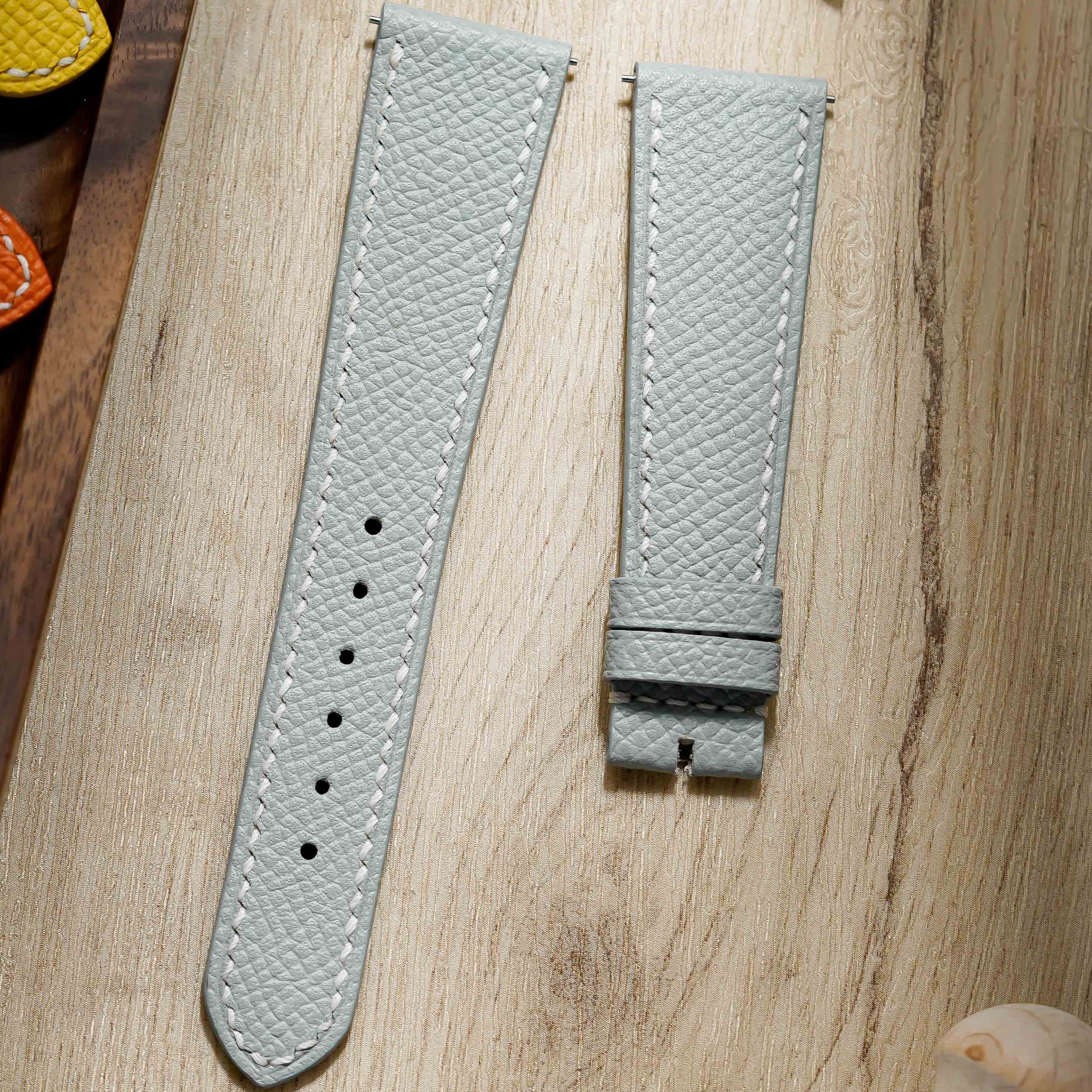 Hand made epsom leather strap in Bleu Glacier