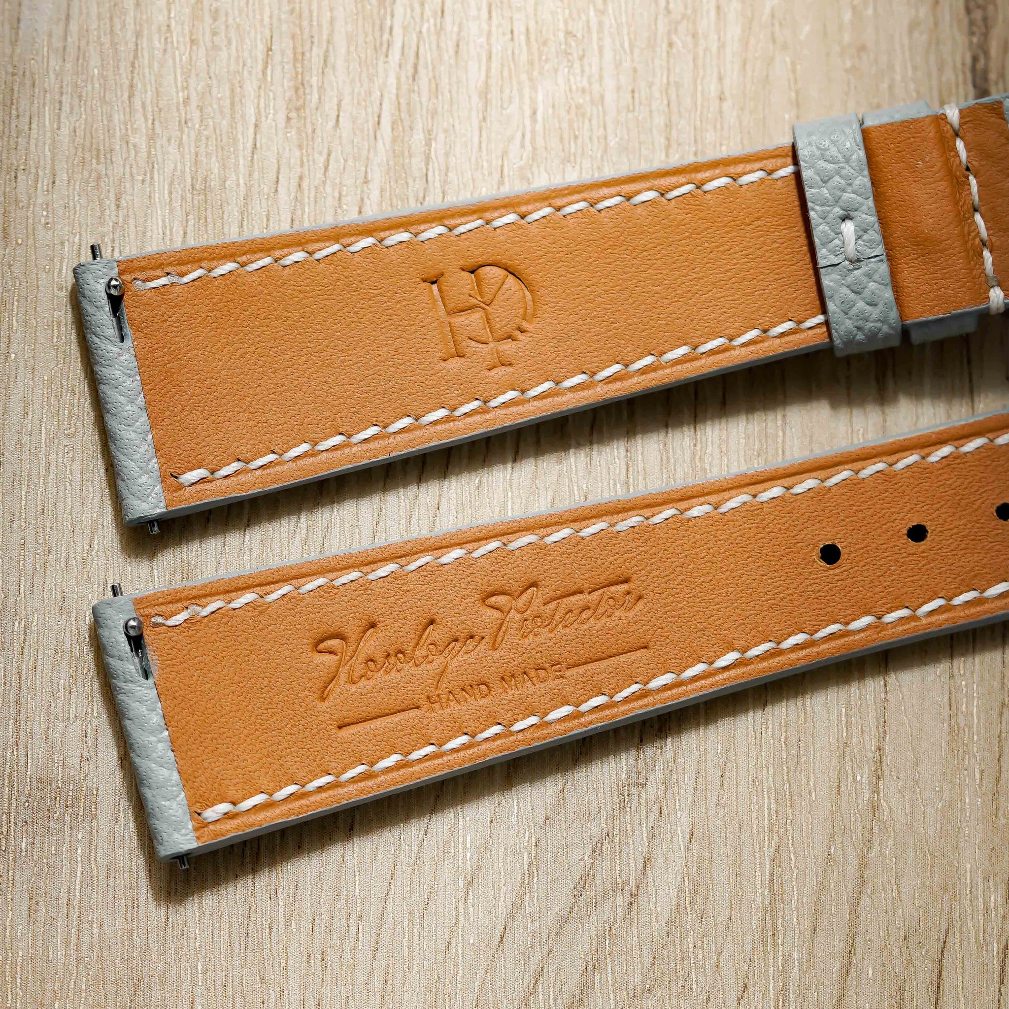 Hand made epsom leather strap in Bleu Glacier