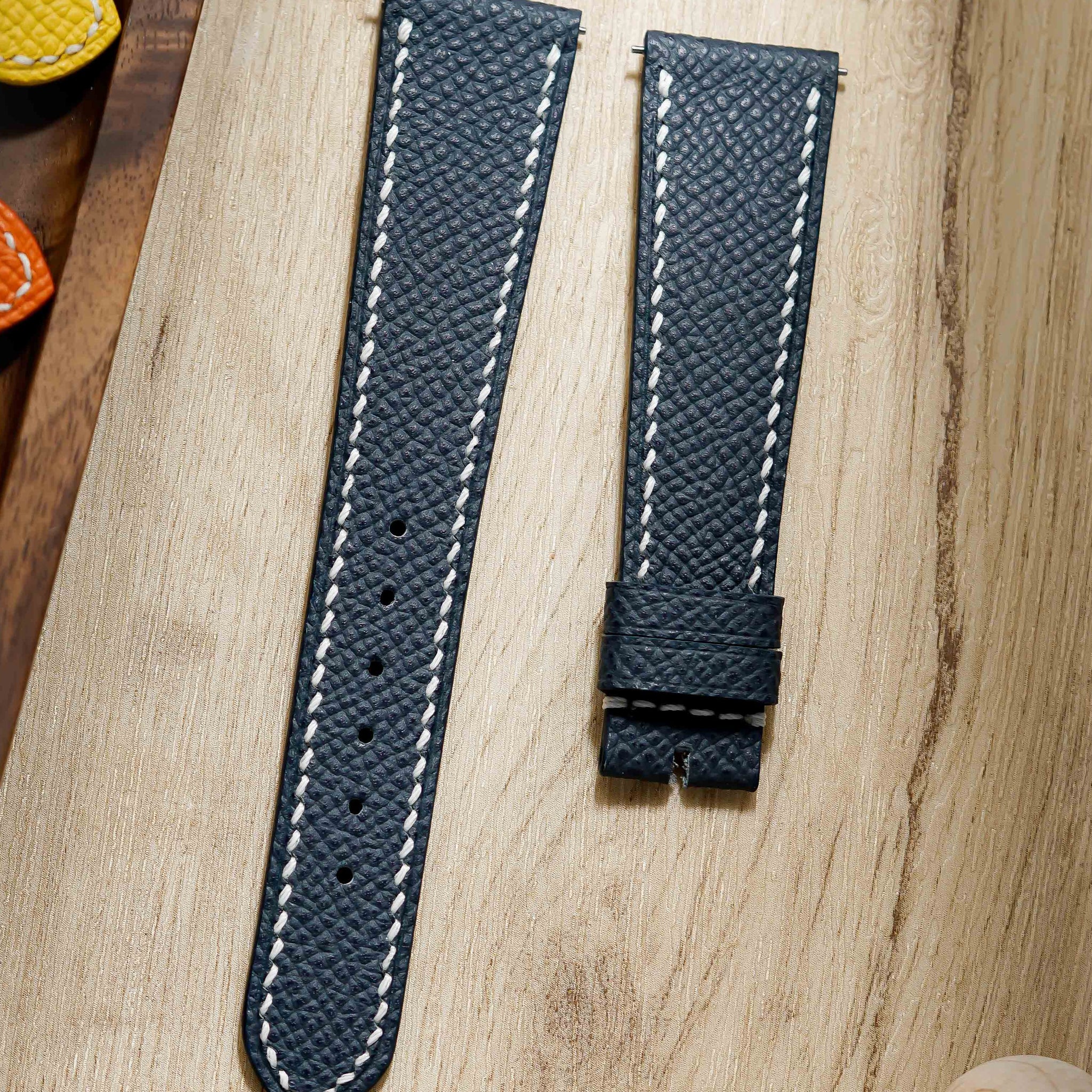 Hand made epsom leather strap in Bleu Nuit