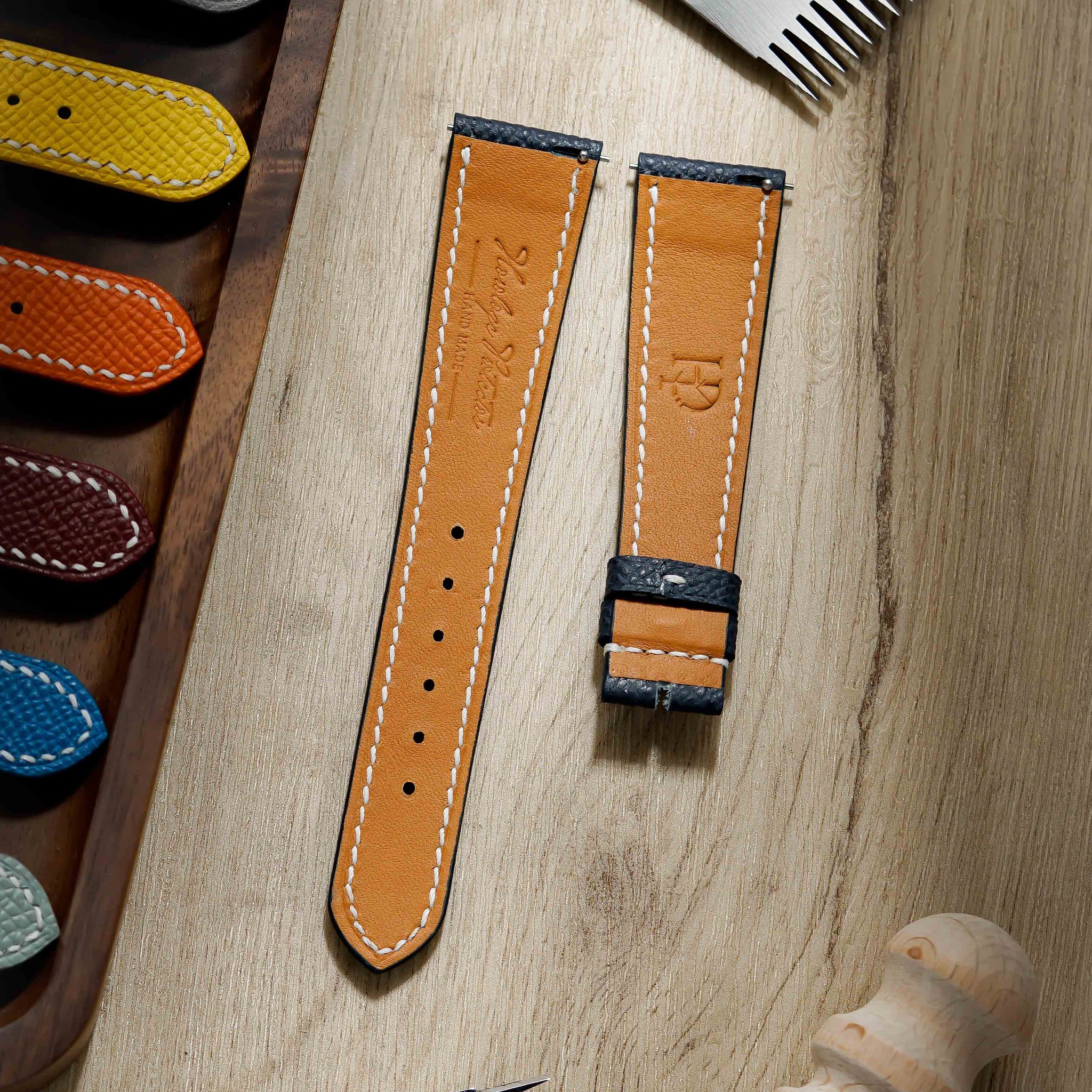 Hand made epsom leather strap in Bleu Nuit