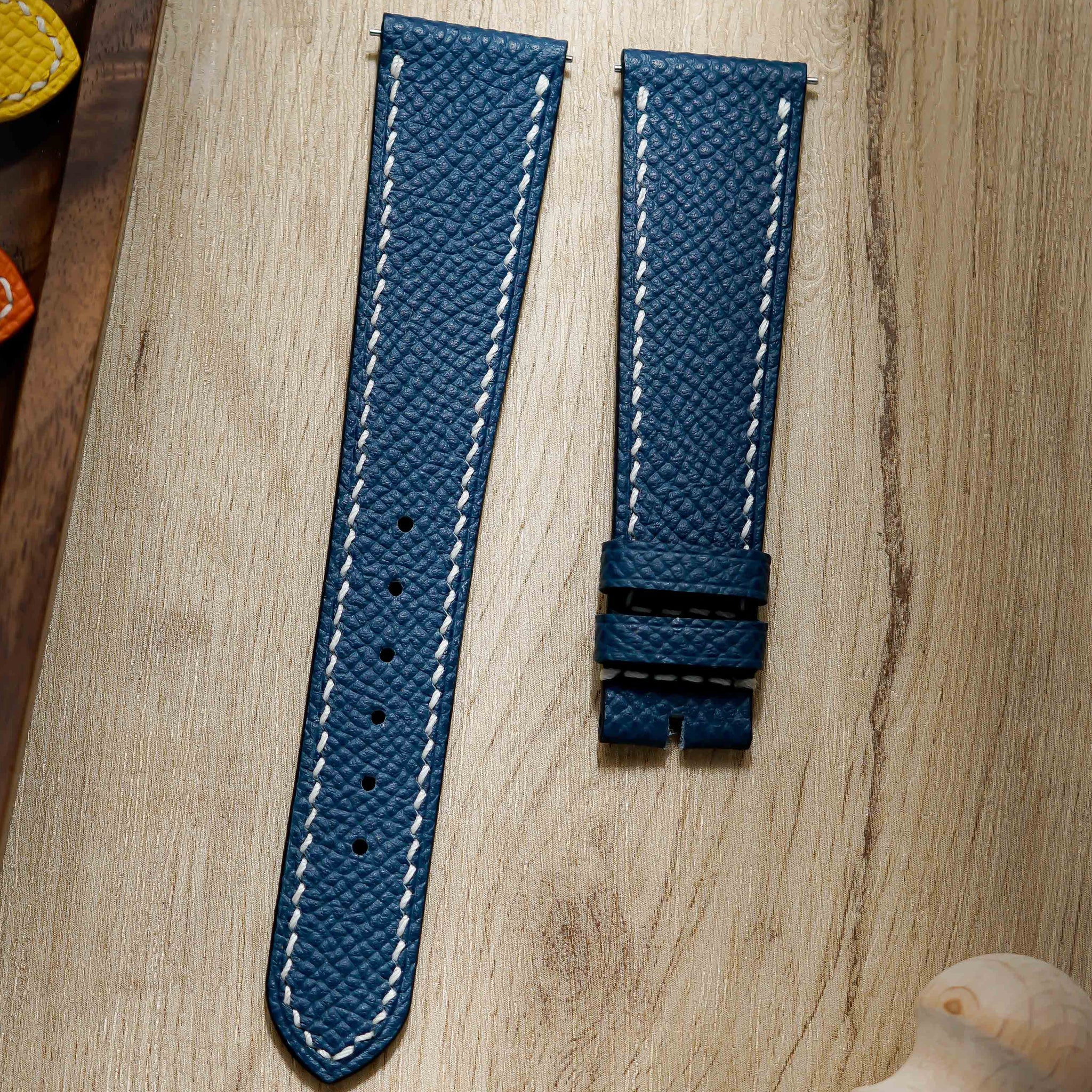 Hand made epsom leather strap in Deep Bleu