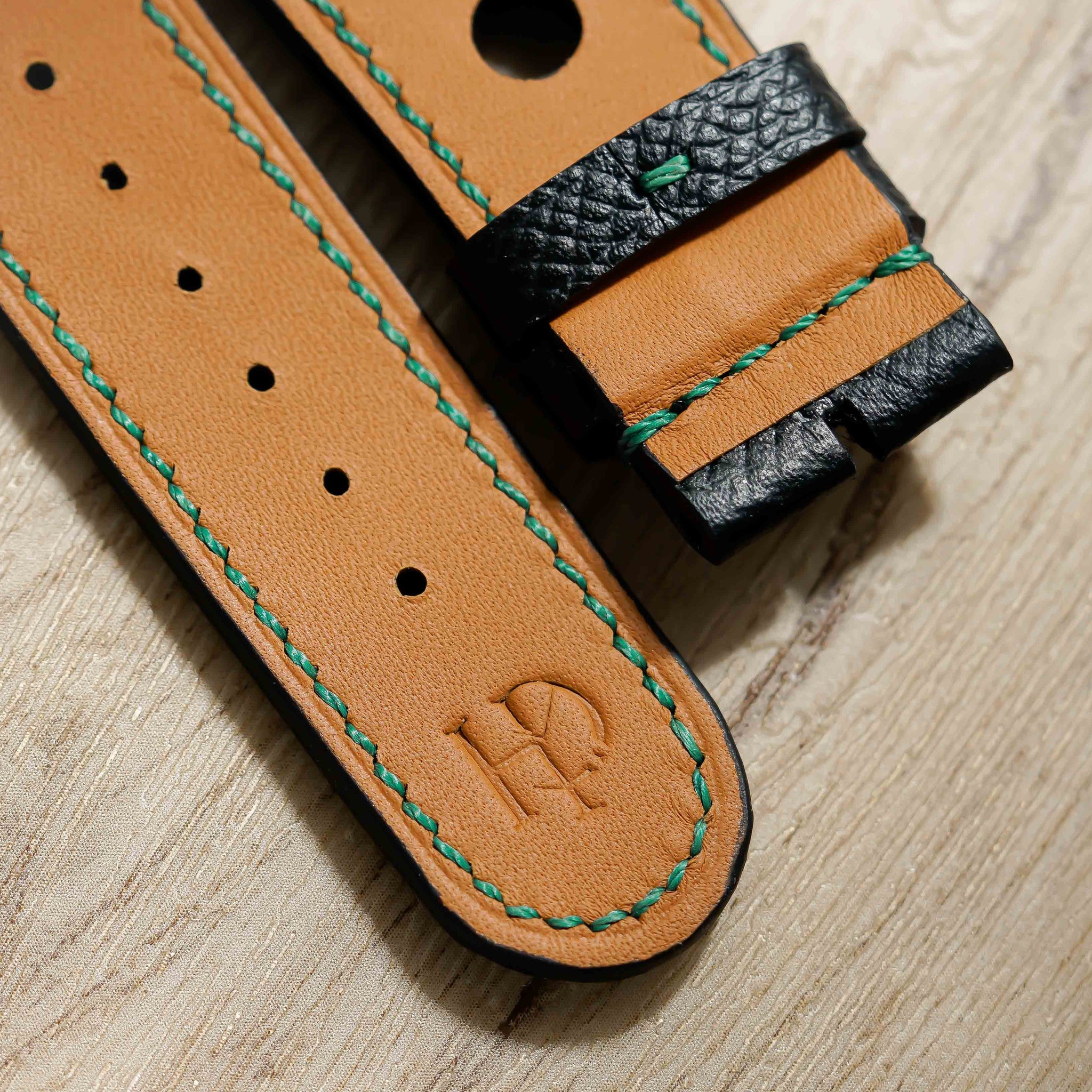 Hand made epsom leather strap in black with green stitching for M.A.D.1