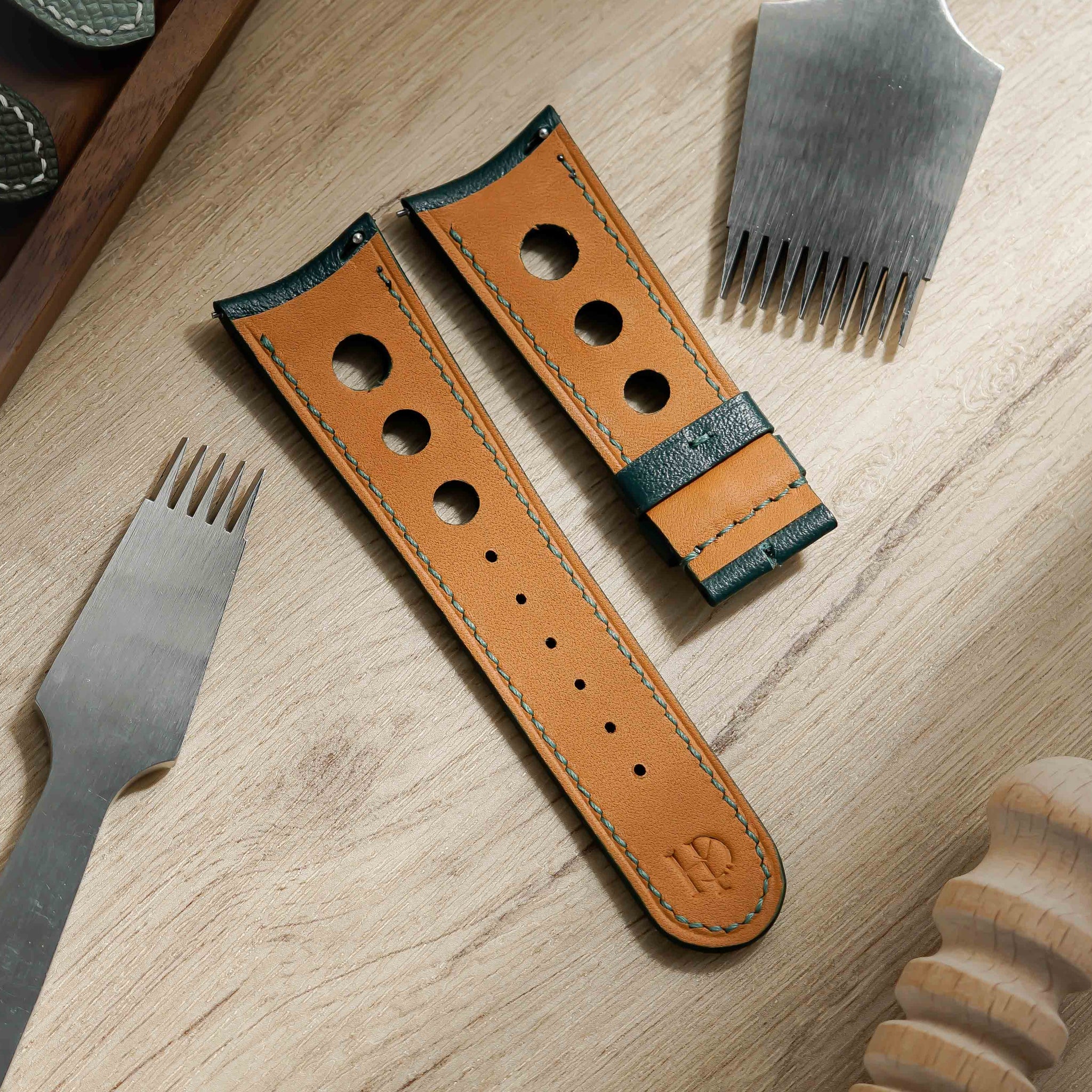 Hand made swift leather strap in Vert Cypress for M.A.D.1