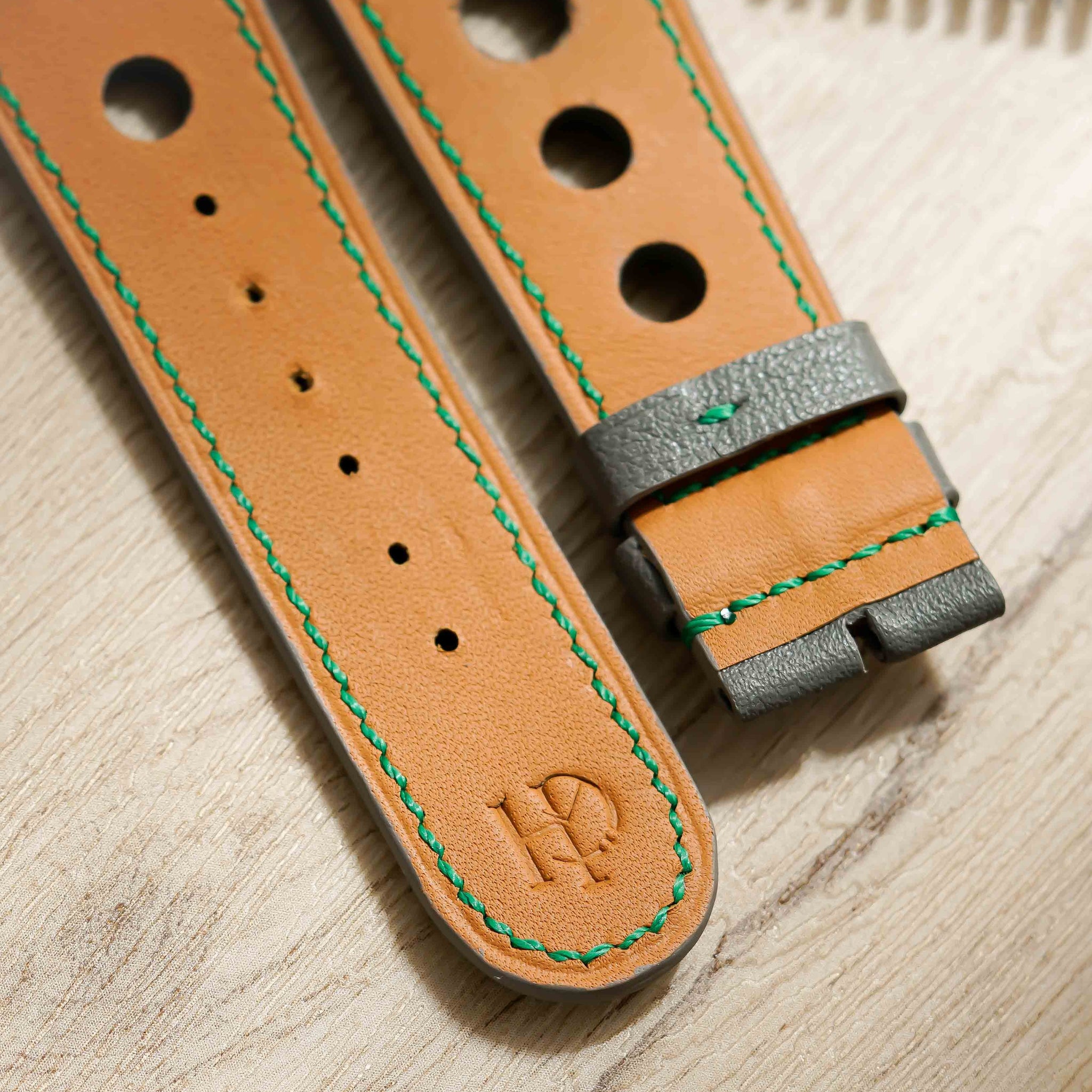 Hand made swift leather strap in Gris Meyer with green stitching for M.A.D.1