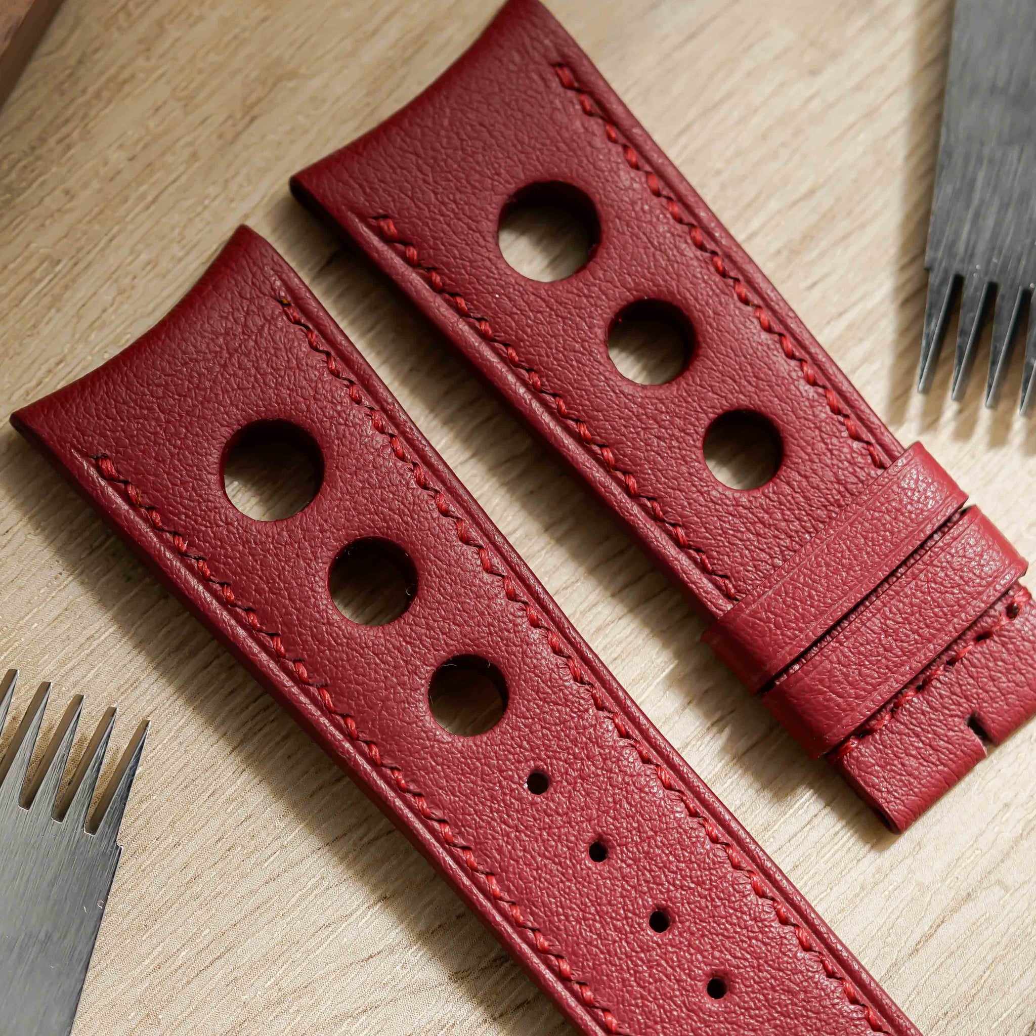 Hand made swift leather strap in Rubis for M.A.D.1