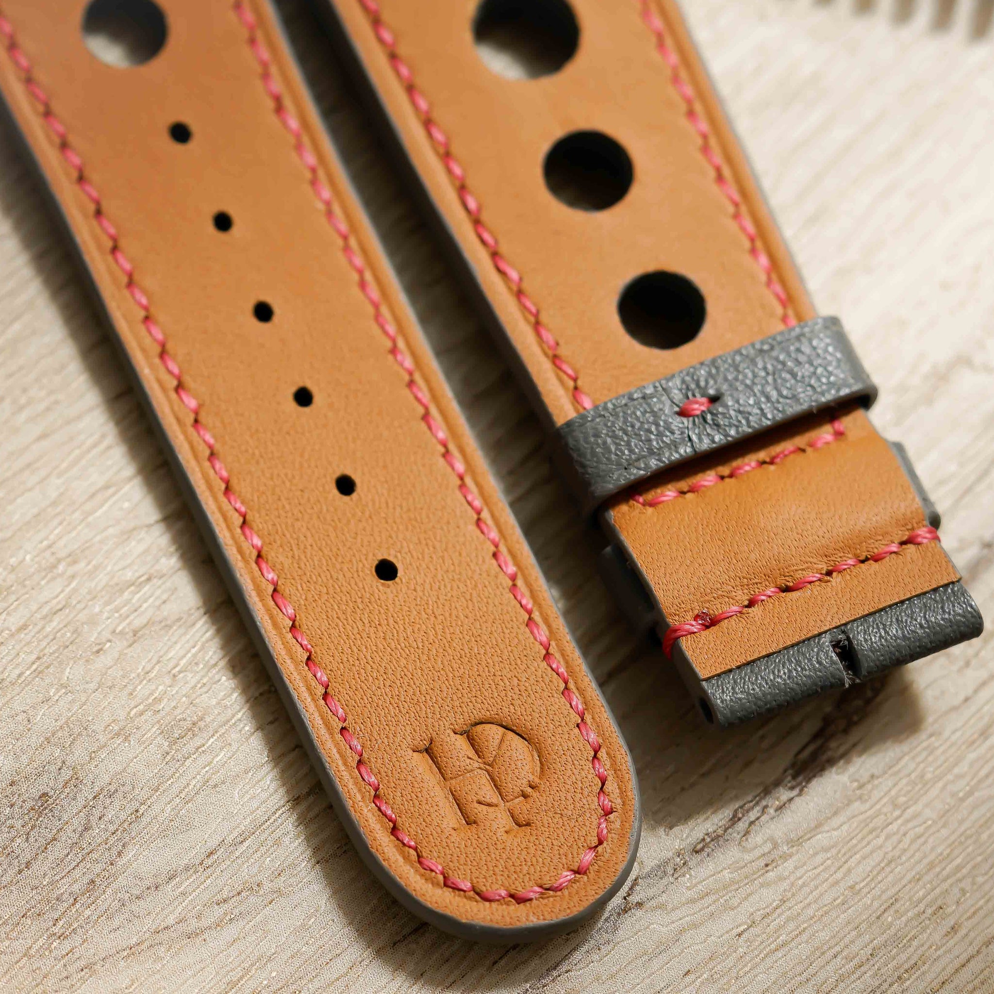 Hand made swift leather strap in Gris Meyer with red stitching for M.A.D.1