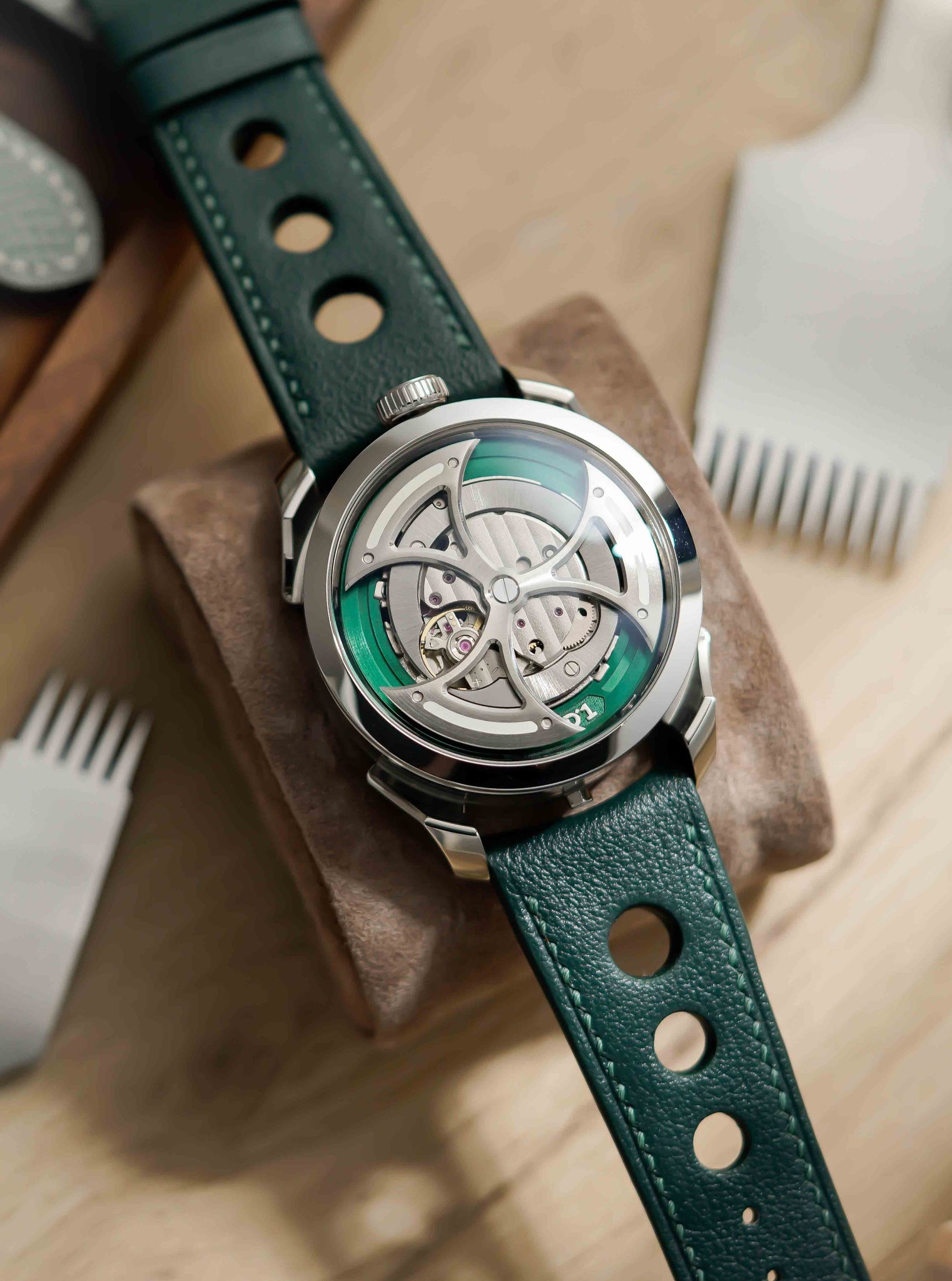 Hand made swift leather strap in Vert Cypress for M.A.D.1