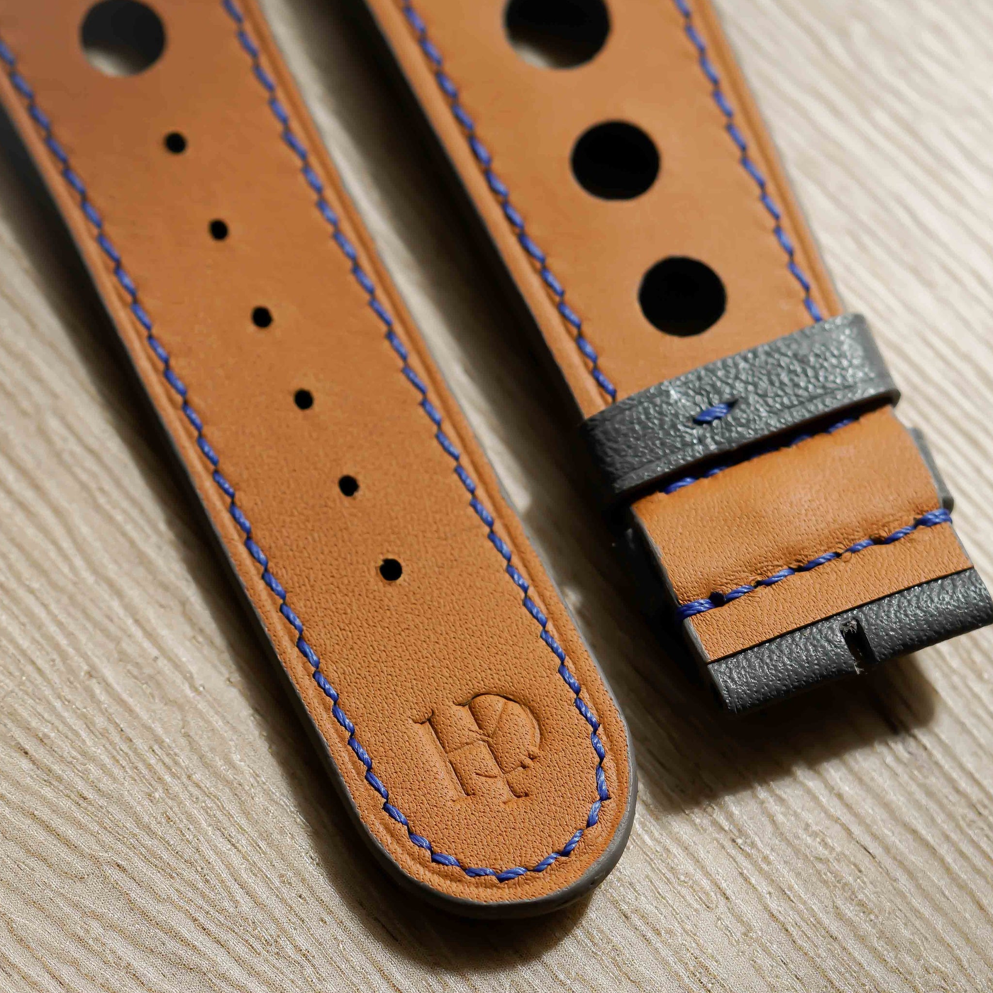 Hand made swift leather strap in Gris Meyer with blue stitching for M.A.D.1