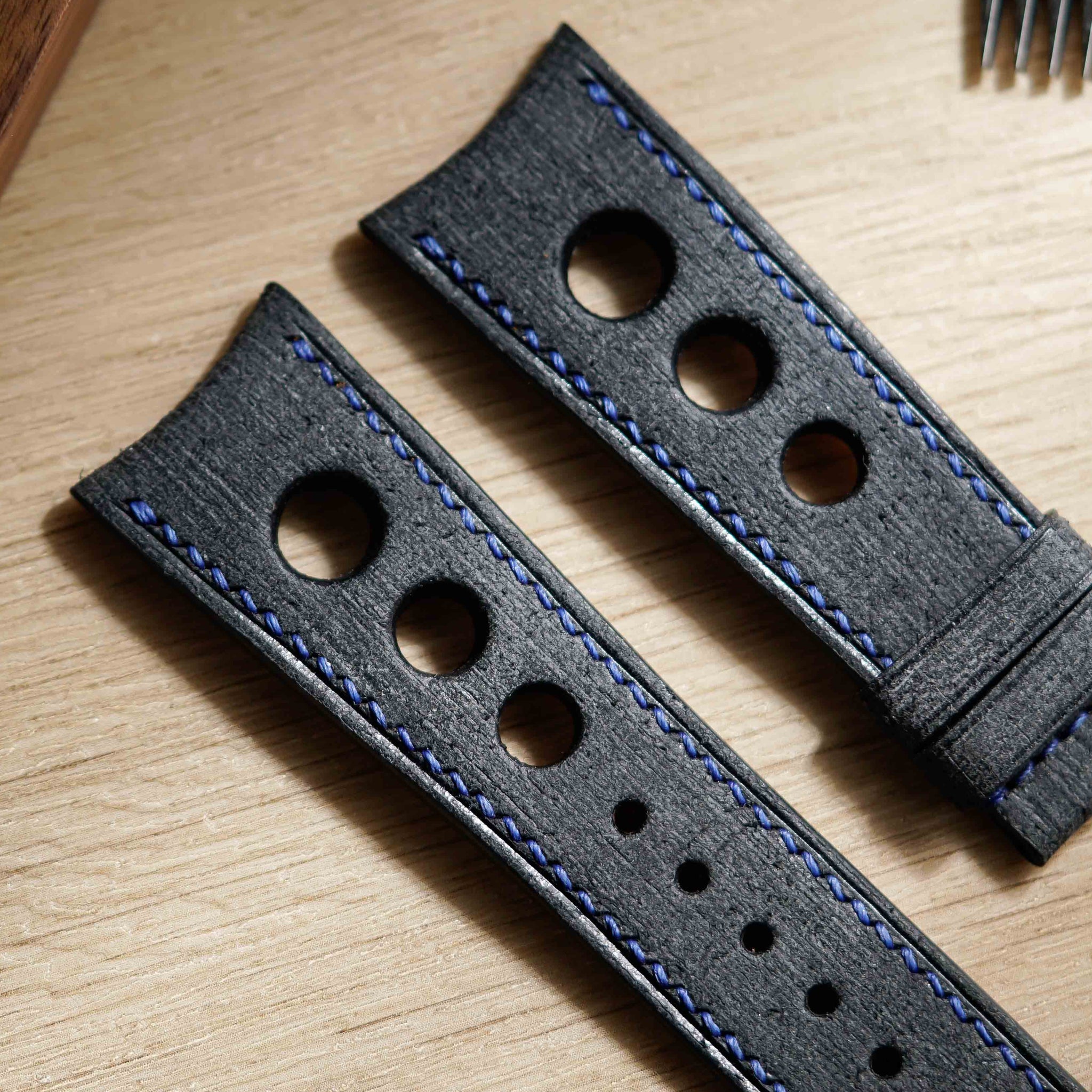 Hand made babele leather strap in black with blue stitching for M.A.D.1