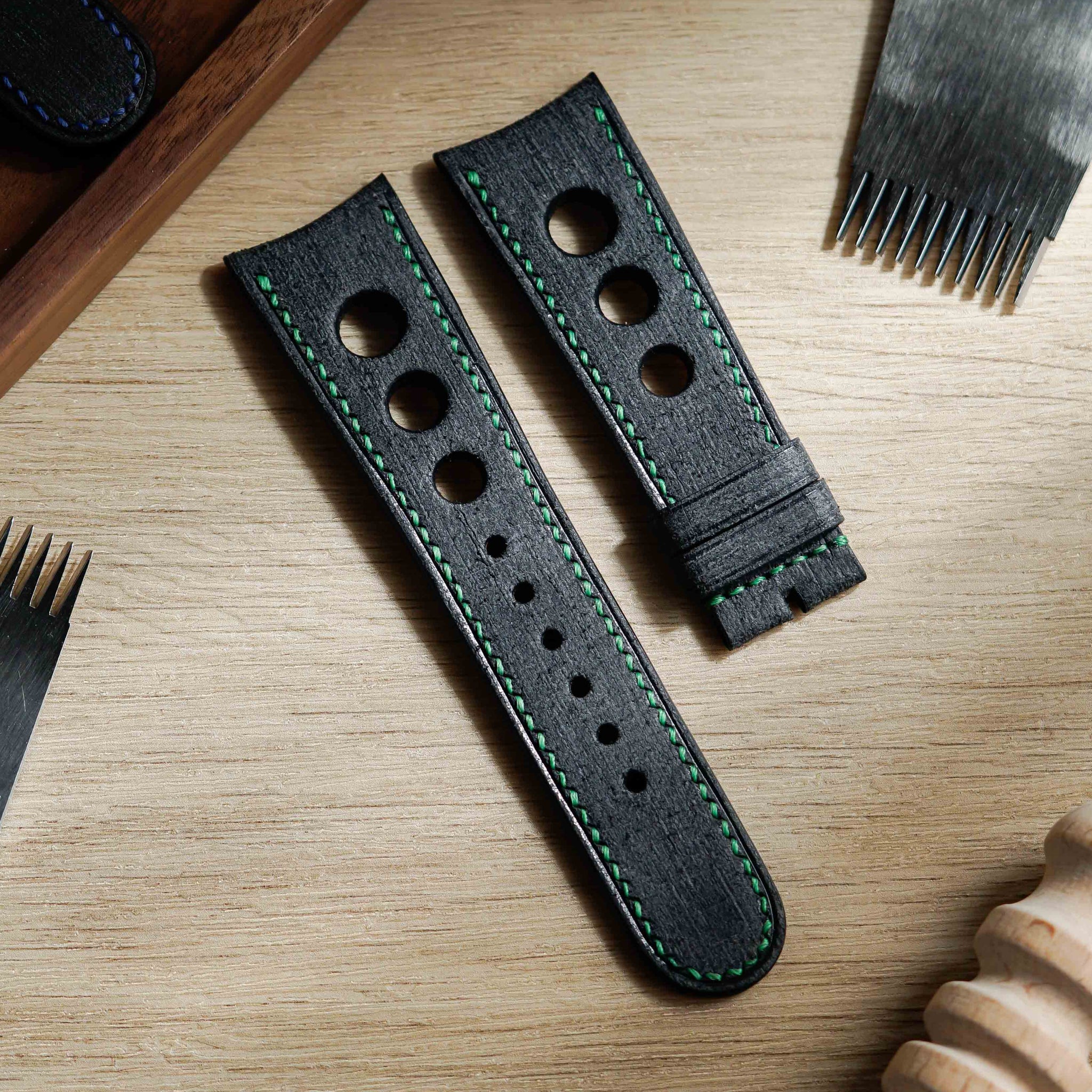 Hand made babele leather strap in black with green stitching for M.A.D.1