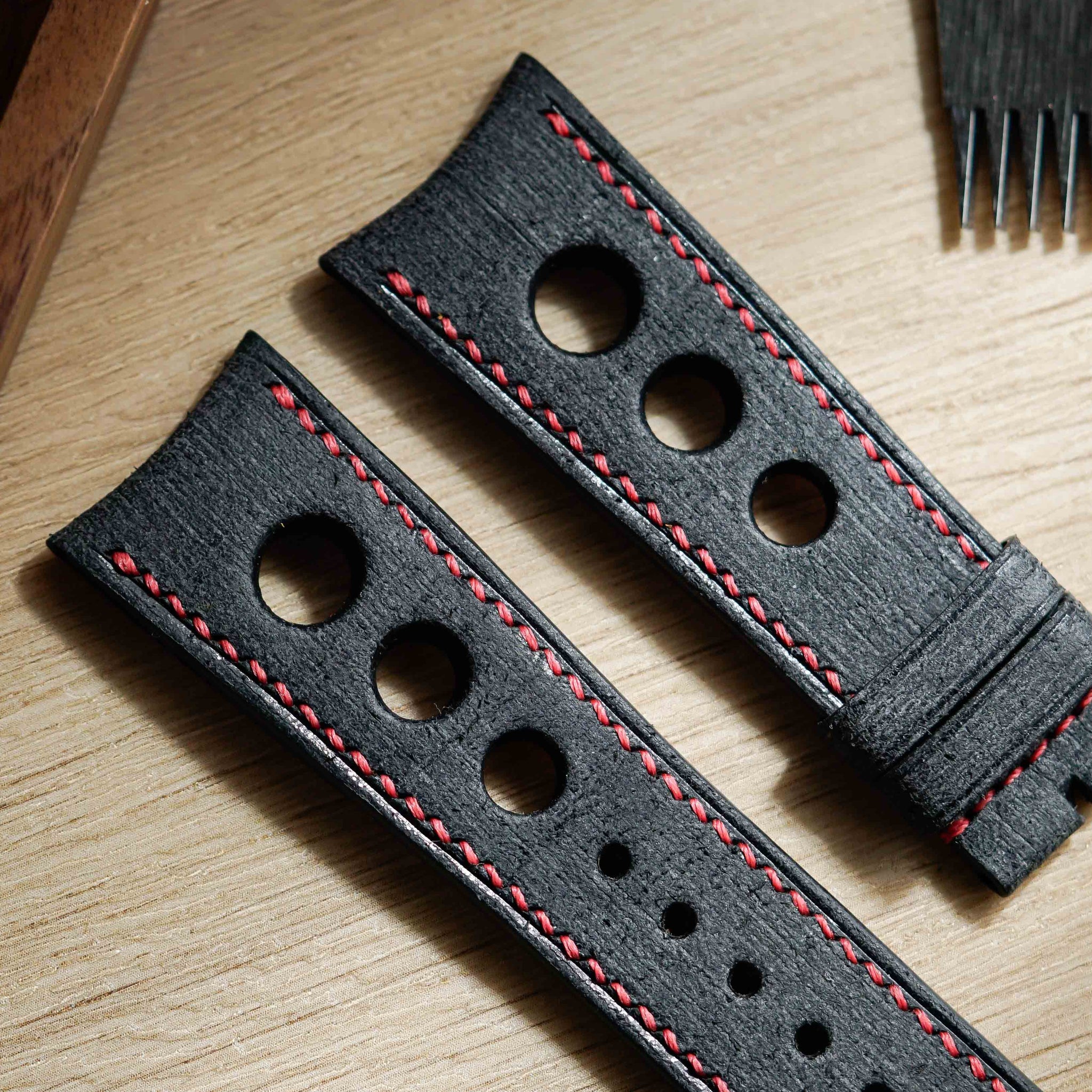 Hand made babele leather strap in black with red stitching for M.A.D.1