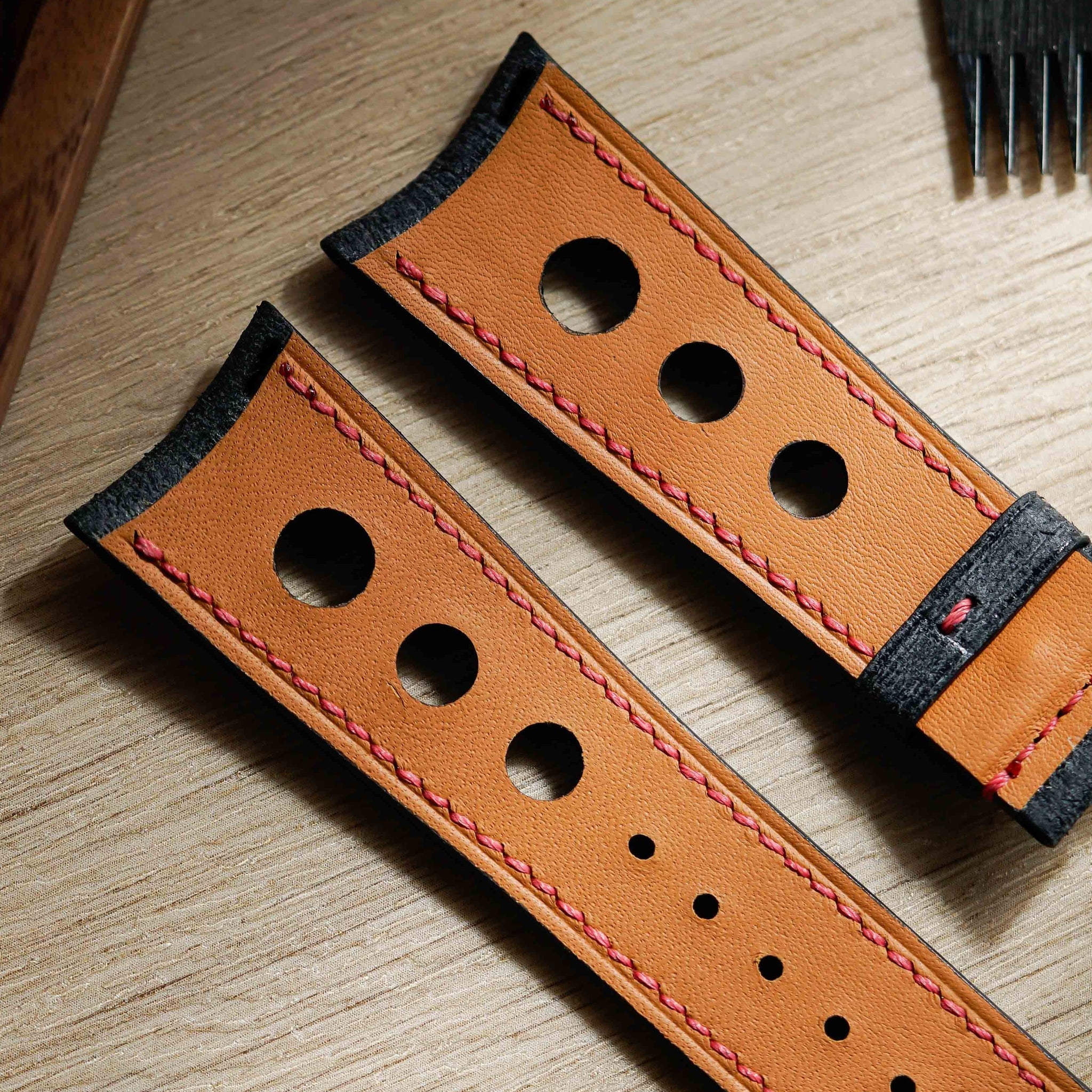 Hand made babele leather strap in black with red stitching for M.A.D.1