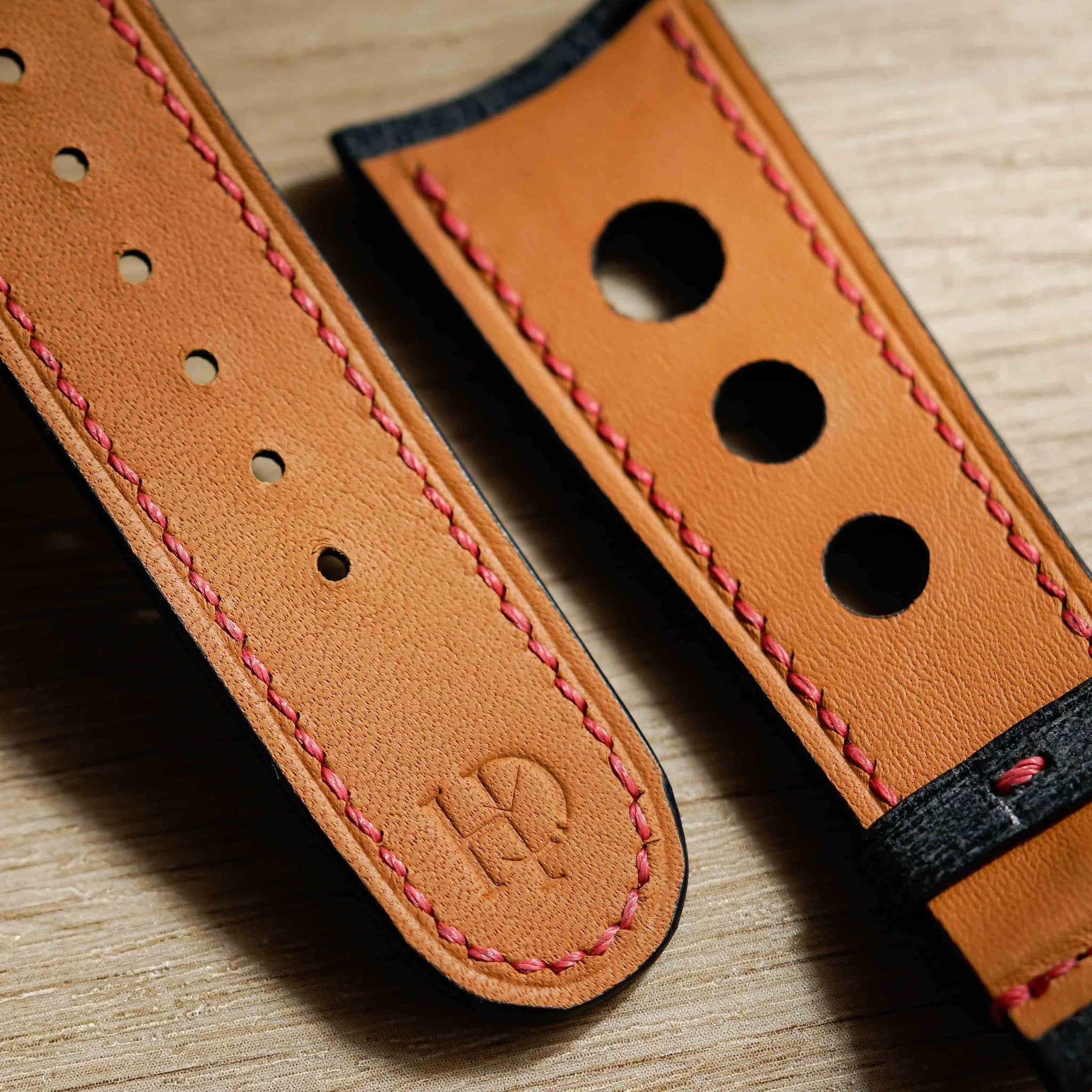 Hand made babele leather strap in black with red stitching for M.A.D.1