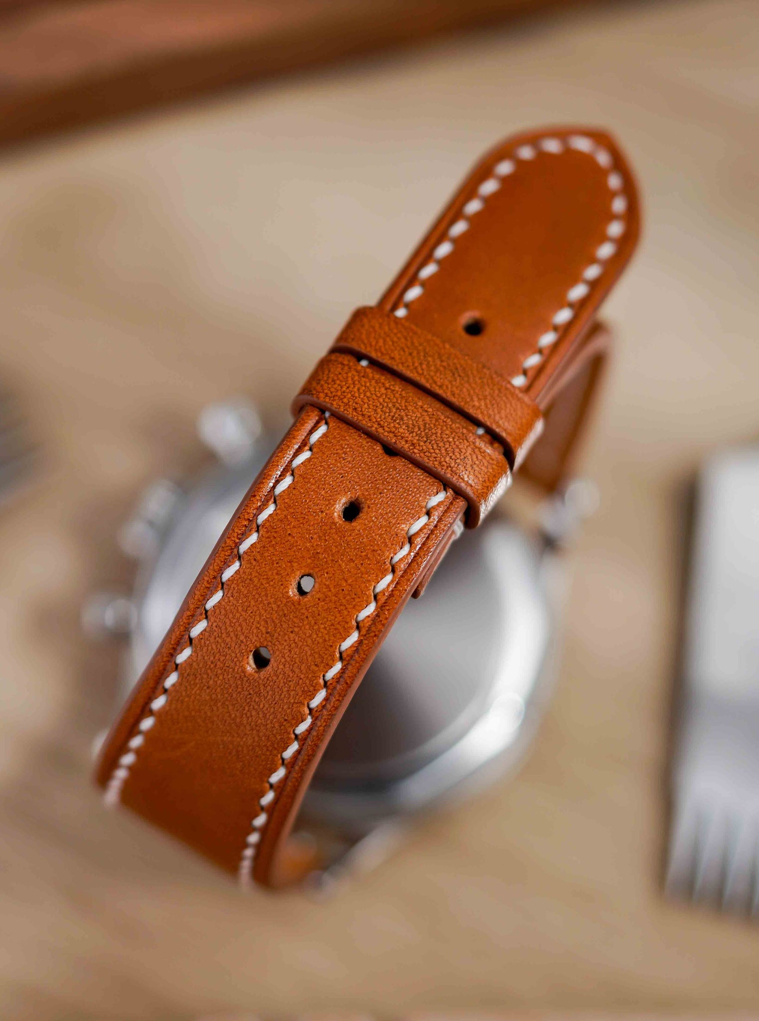 Hand made barenia leather strap in Brown