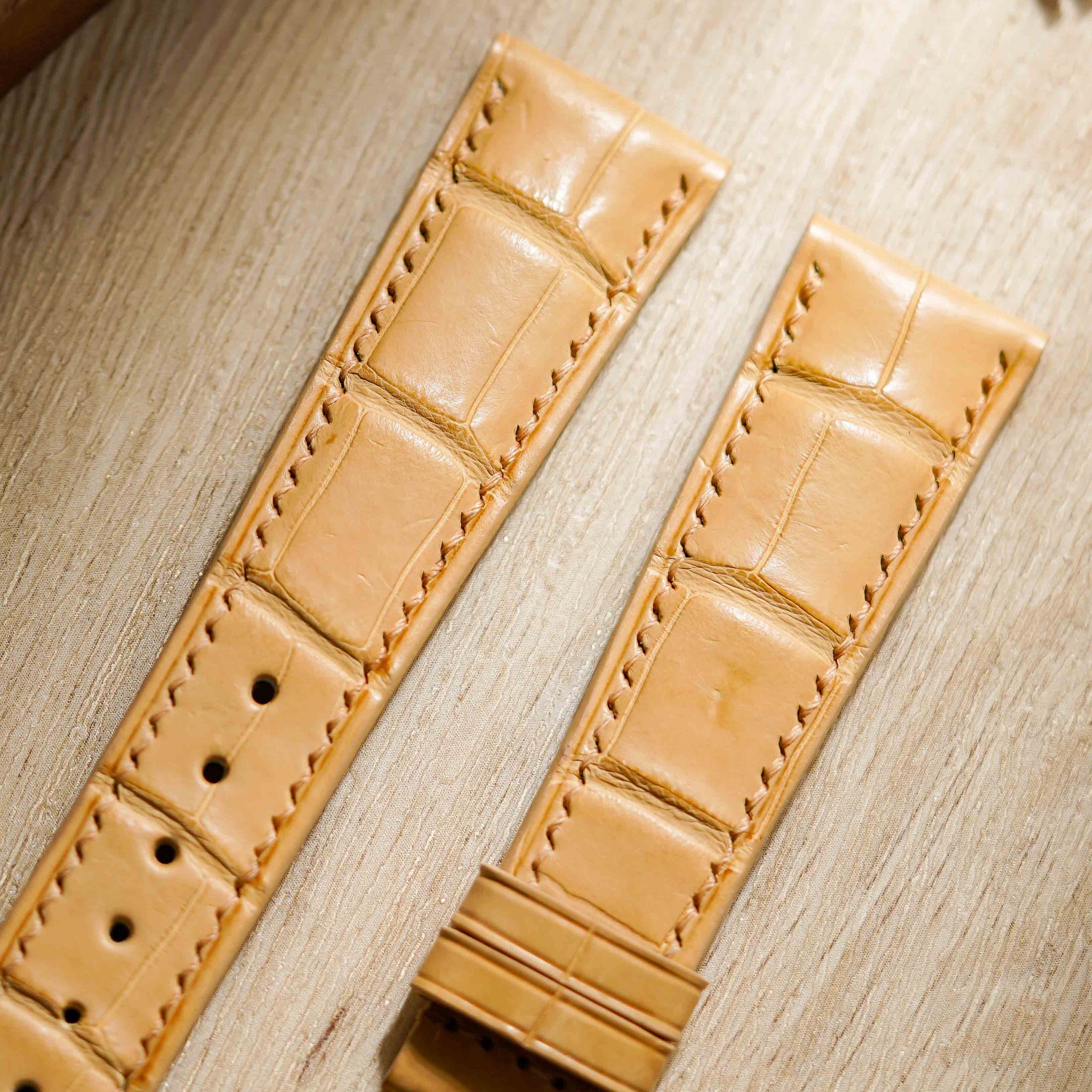 Hand made alligator strap in biscuit