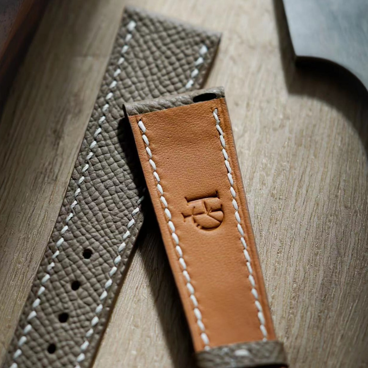 Hand made epsom leather strap in Etoupe Grey