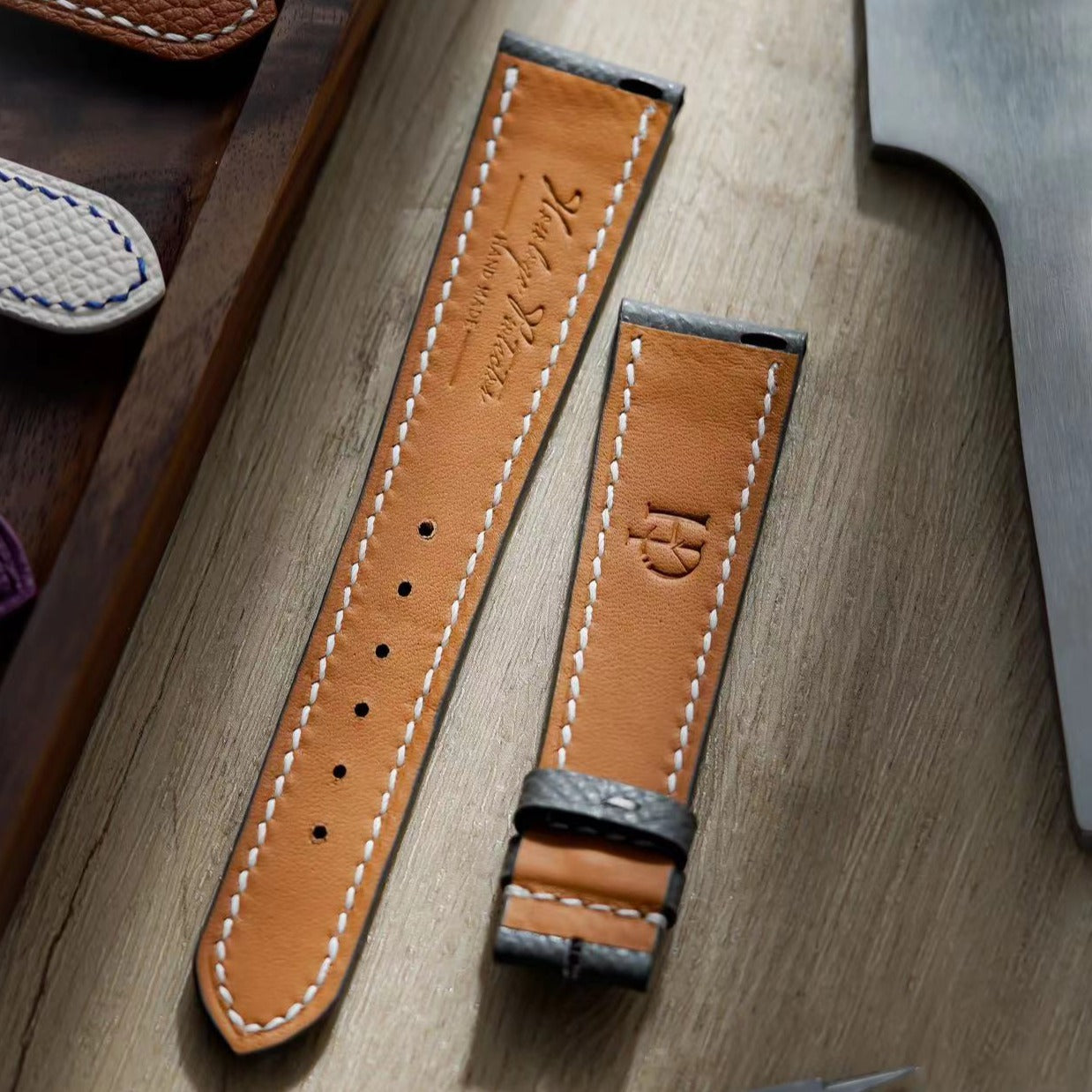 Hand made epsom leather strap in Gris Etain