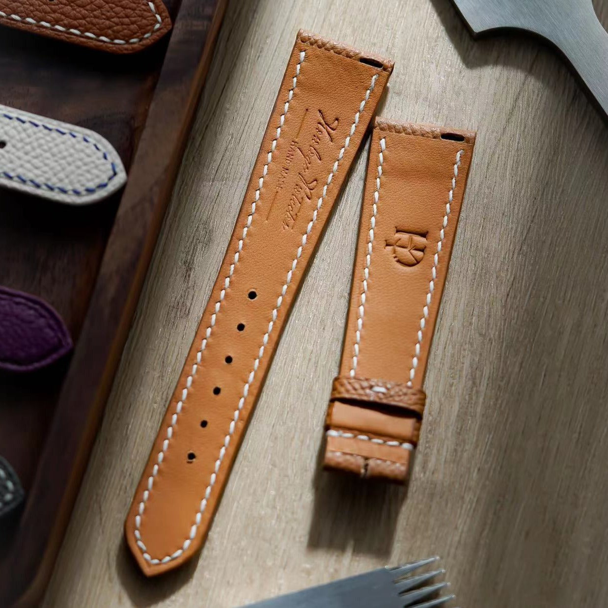 Hand made epsom leather strap in Gold Brown