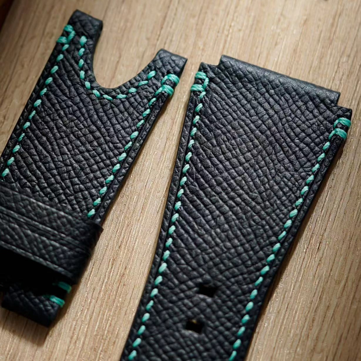 Hand made epsom leather strap in Nior with light green stitching for HMX