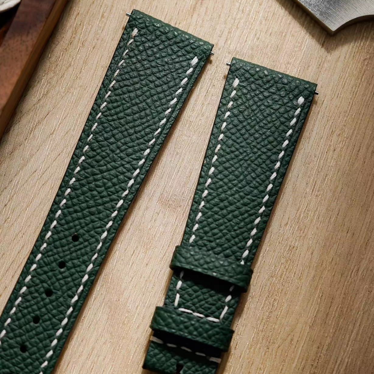 Hand made epsom leather strap in Vert Anglais