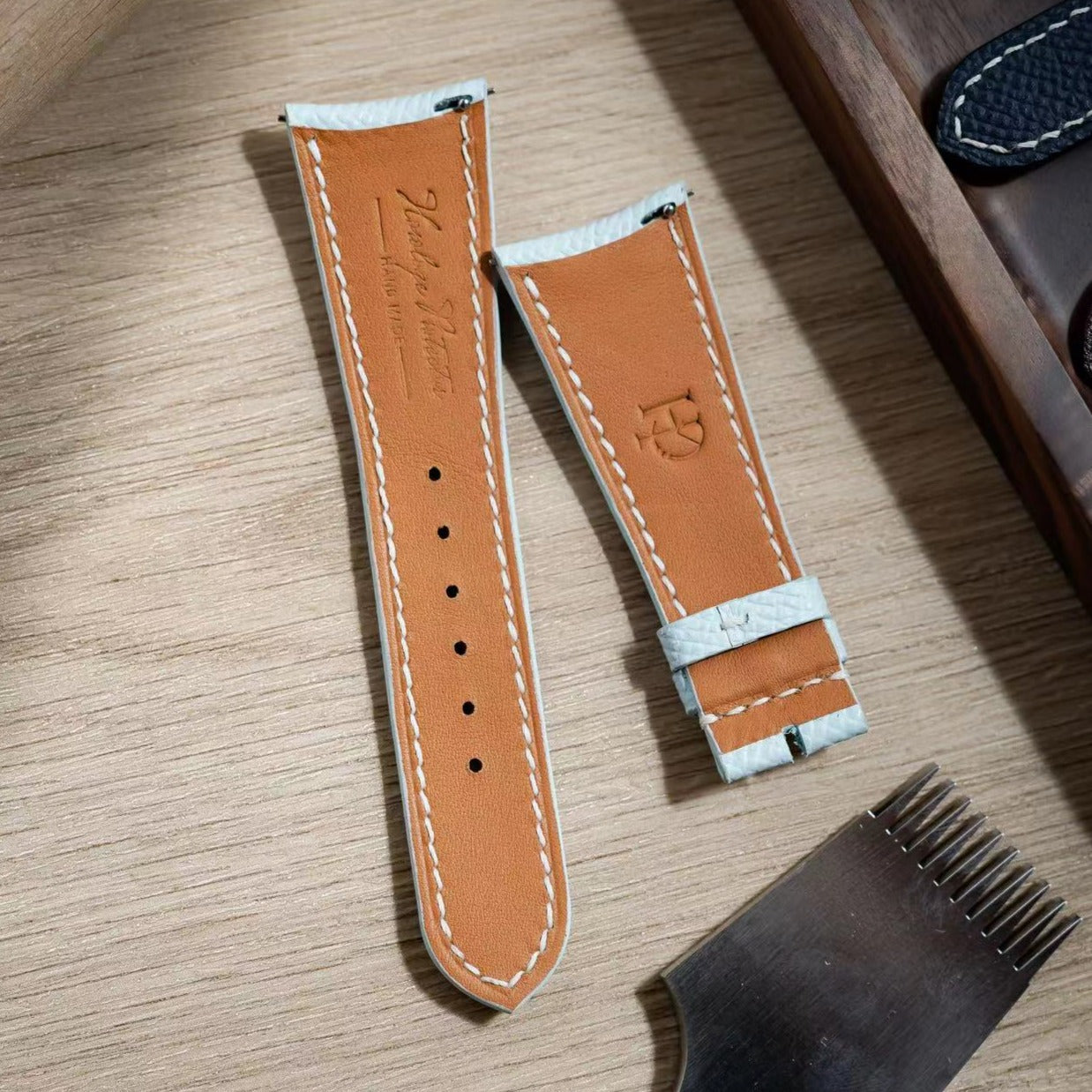 Hand made epsom leather strap in Bleu Brume