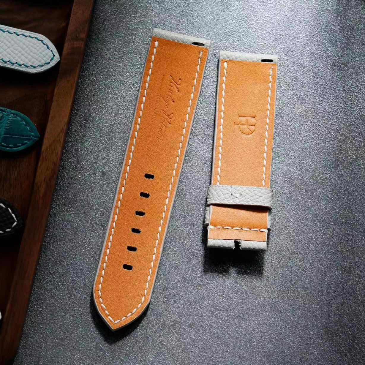 Hand made epsom leather strap in glacier blue