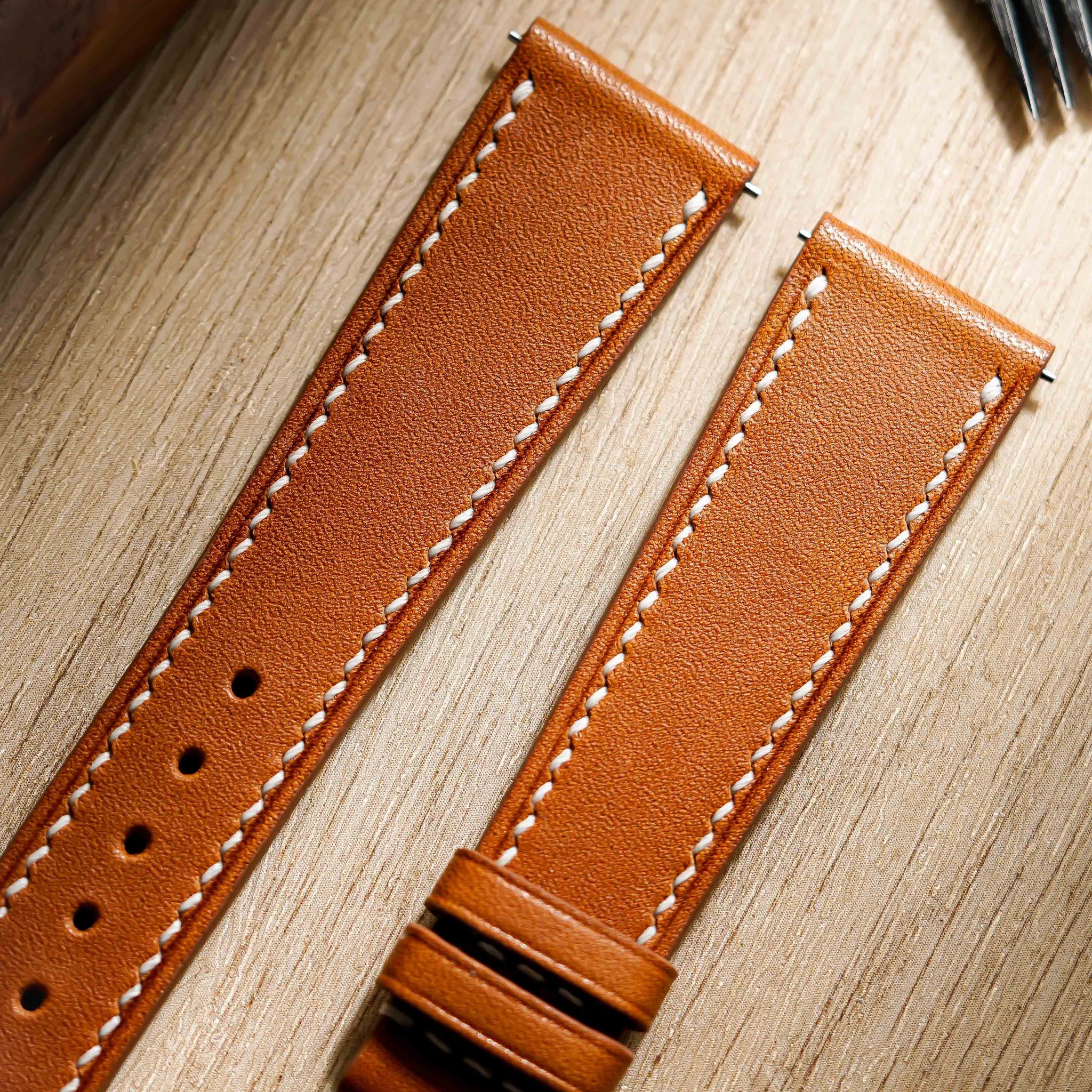 Hand made barenia leather strap in Brown