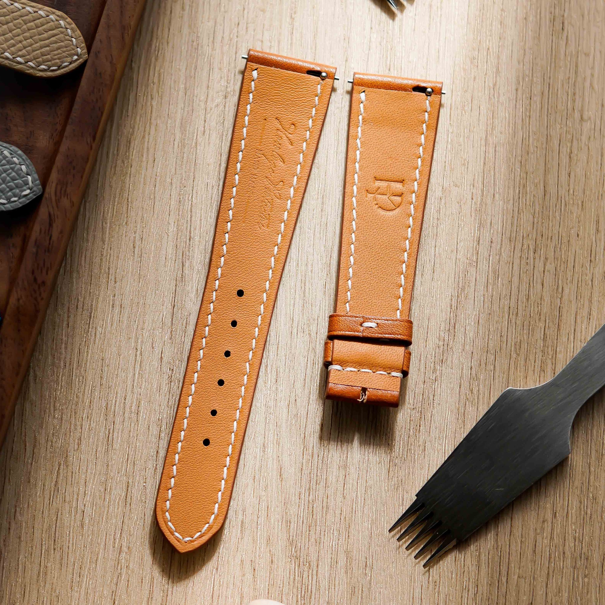 Hand made barenia leather strap in Brown